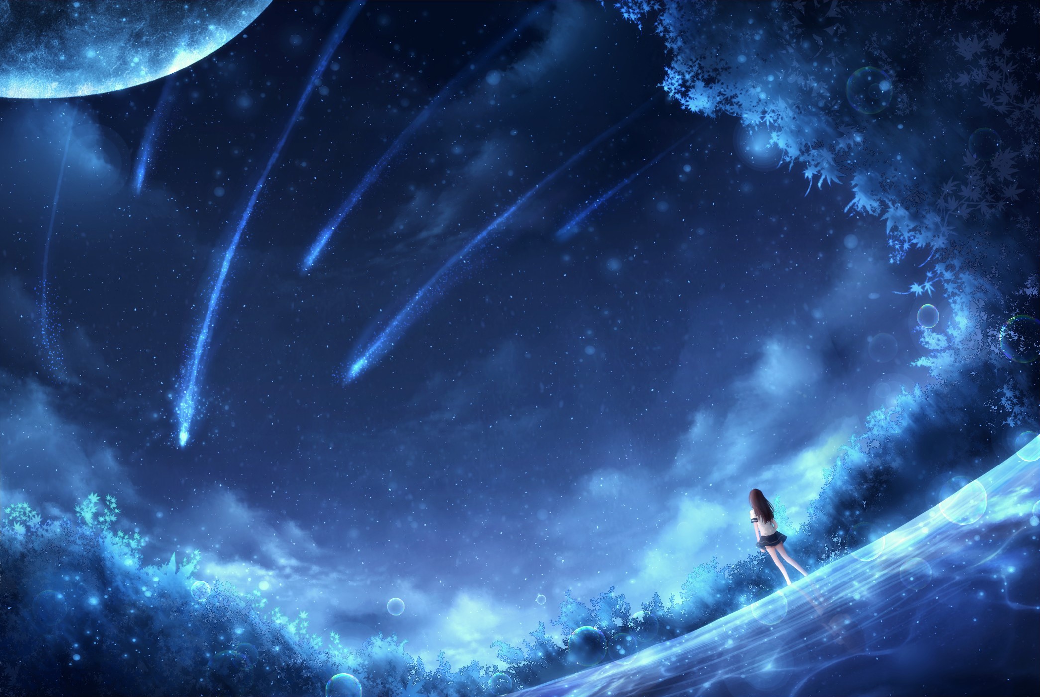 Anime girl watching shooting stars under a large moon HD Wallpaper