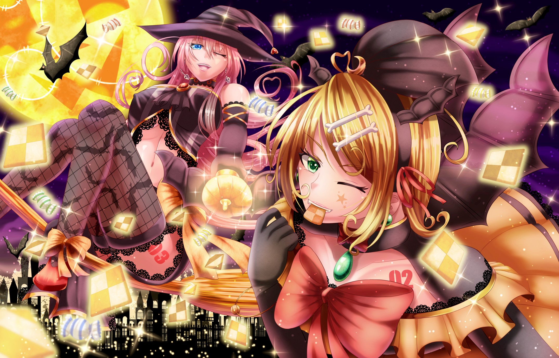 Two anime girls in witch costumes on a broomstick HD Wallpaper