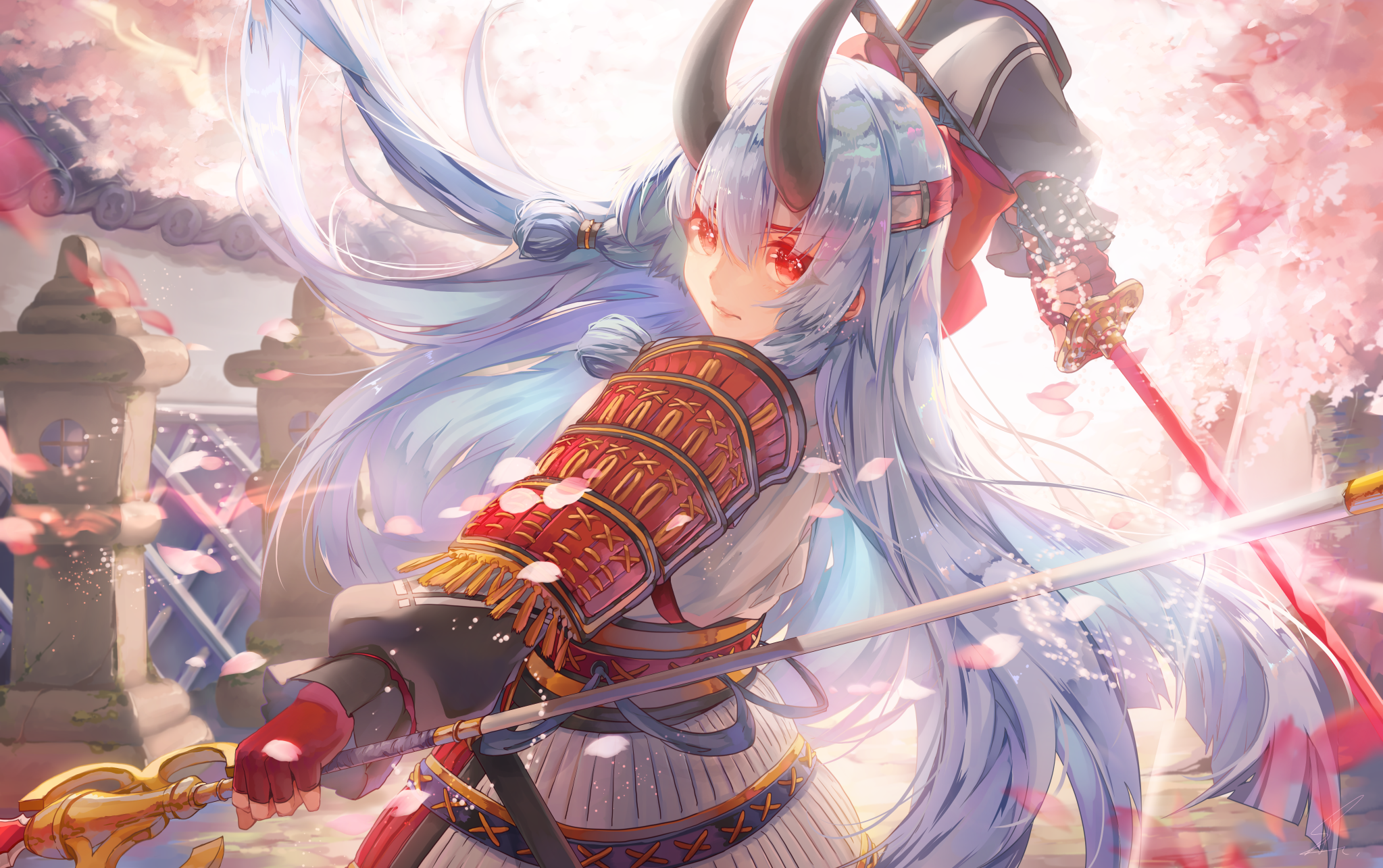 Anime girl with horns and sword HD Wallpaper