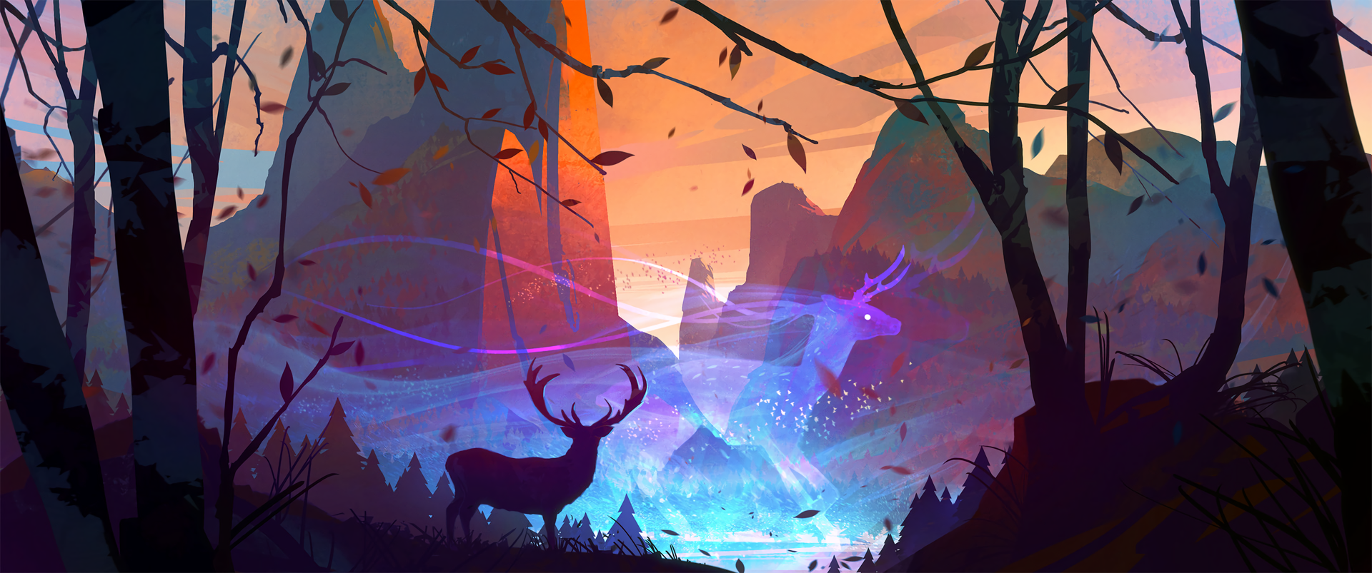 Digital art of deer in a forest at sunset HD Wallpaper