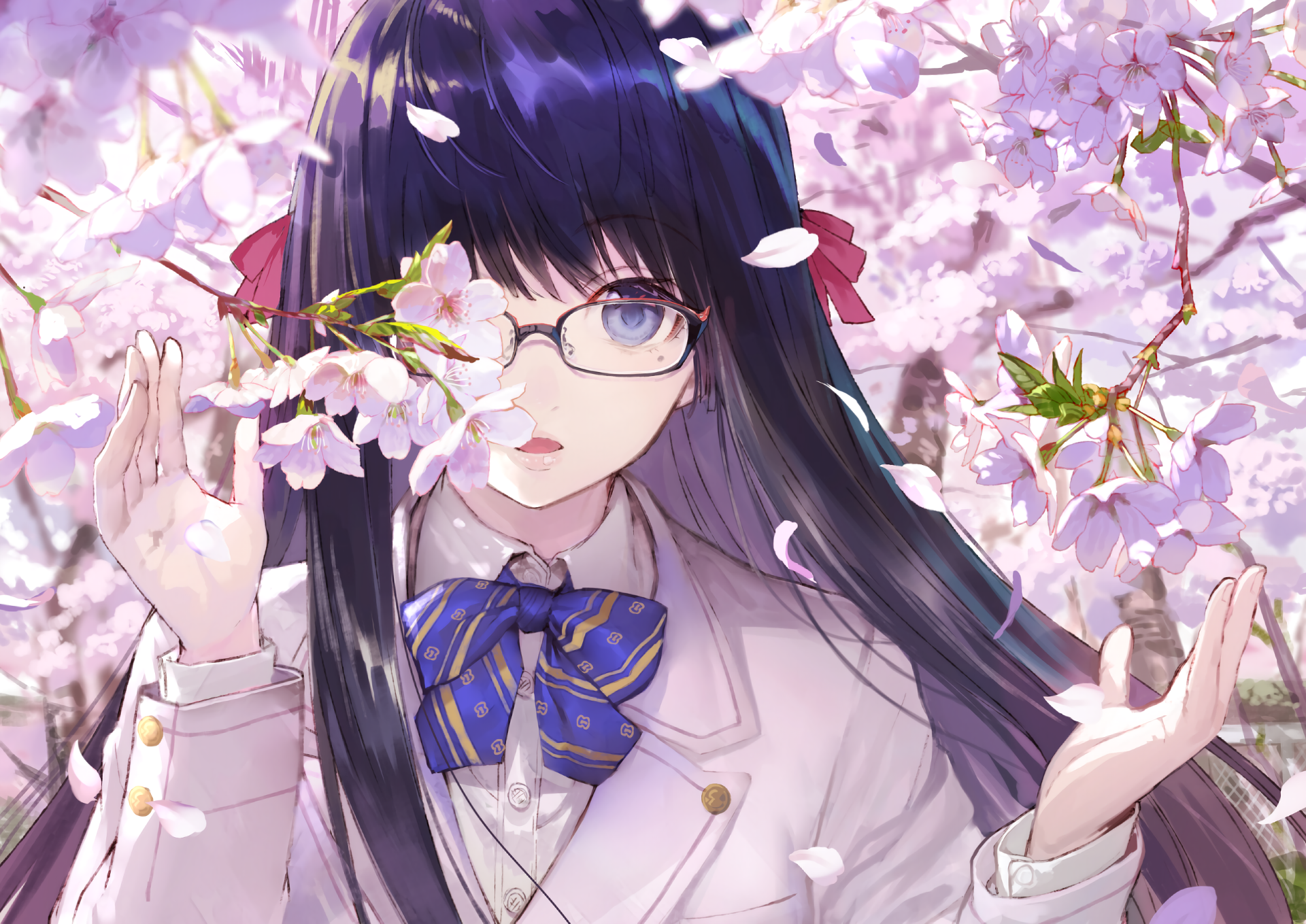 Anime girl with glasses and cherry blossoms HD Wallpaper