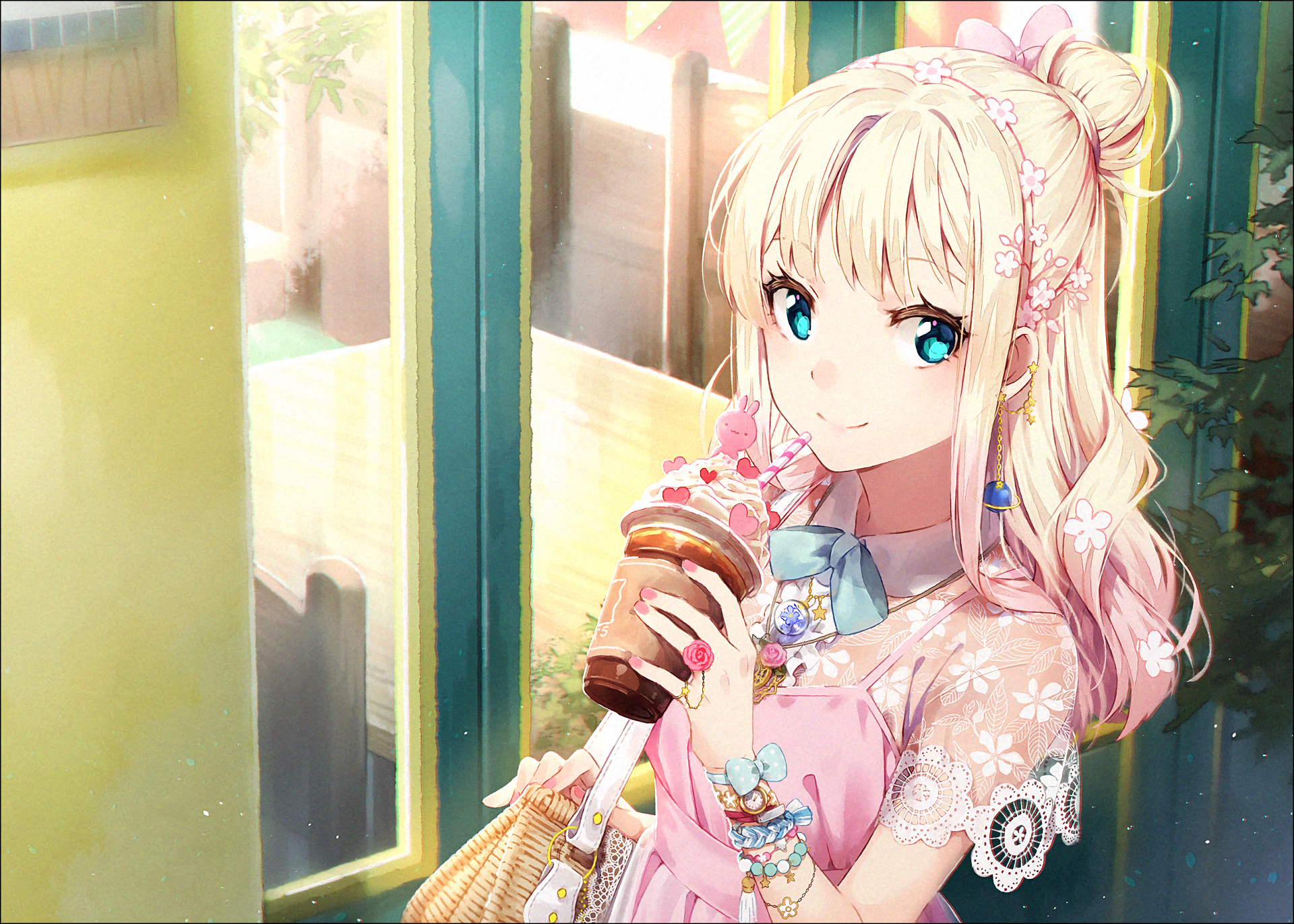 Anime girl with blonde hair holding a drink HD Wallpaper