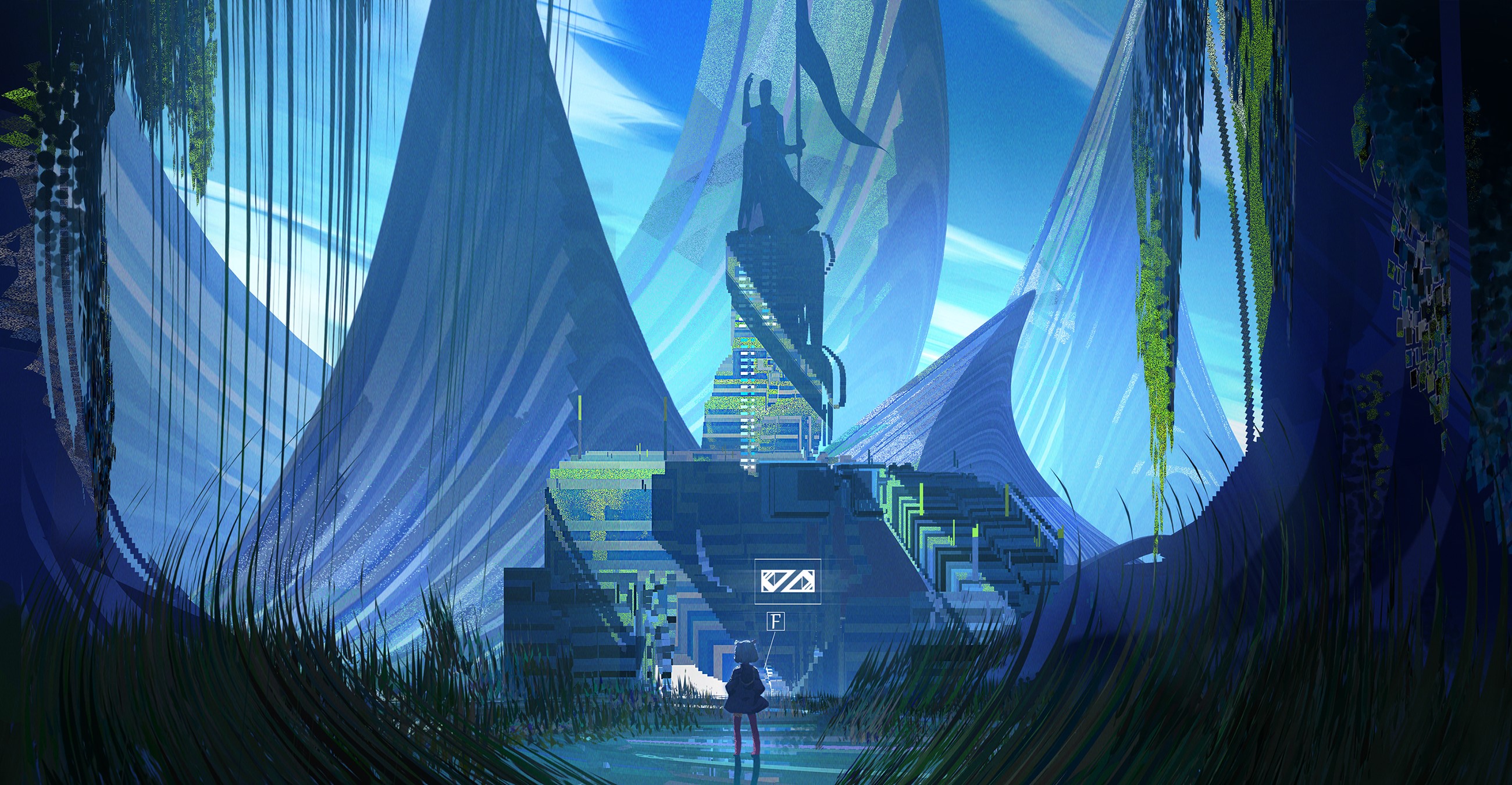 Futuristic city with a statue and a person HD Wallpaper