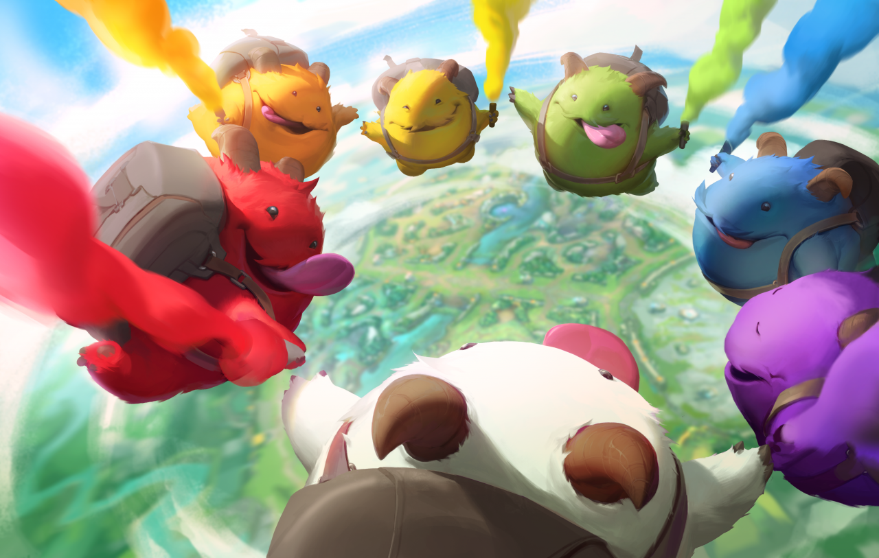 Poros from League of Legends parachuting with colorful smoke HD Wallpaper