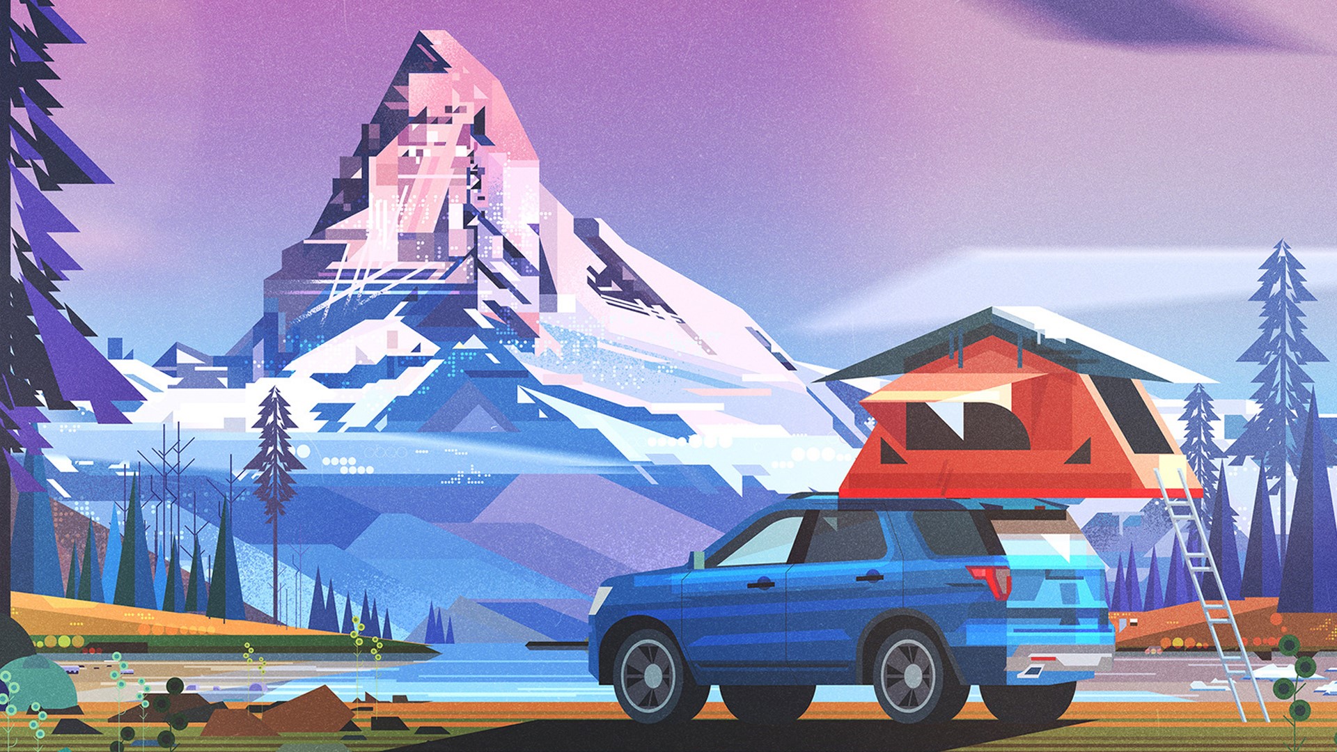 Illustration of a car with a rooftop tent at the base of a mountain HD Wallpaper