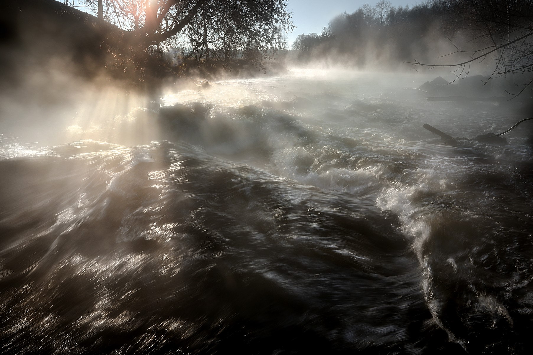 Misty river with sunbeams HD Wallpaper