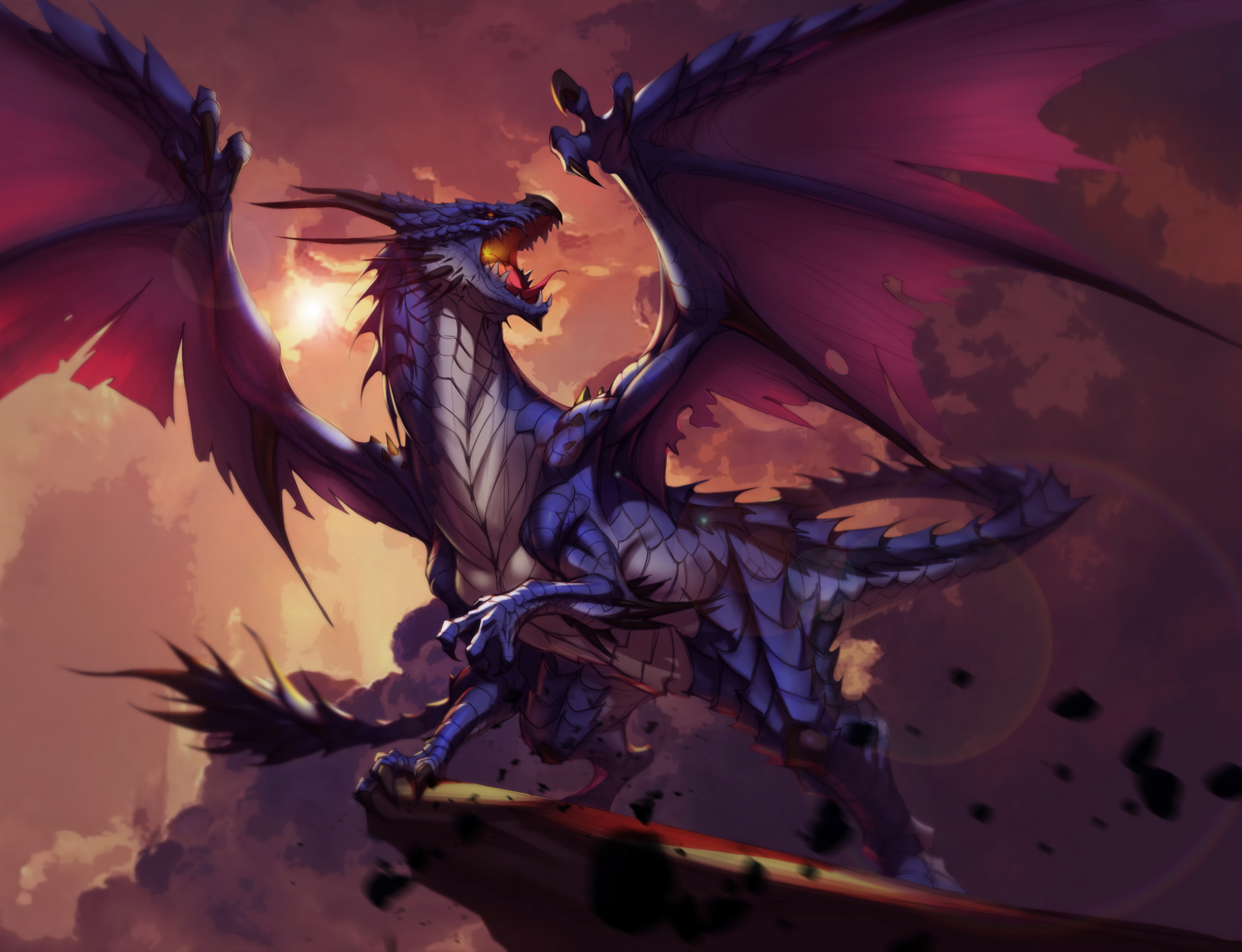 Blue dragon roaring with wings spread against sunset sky HD Wallpaper