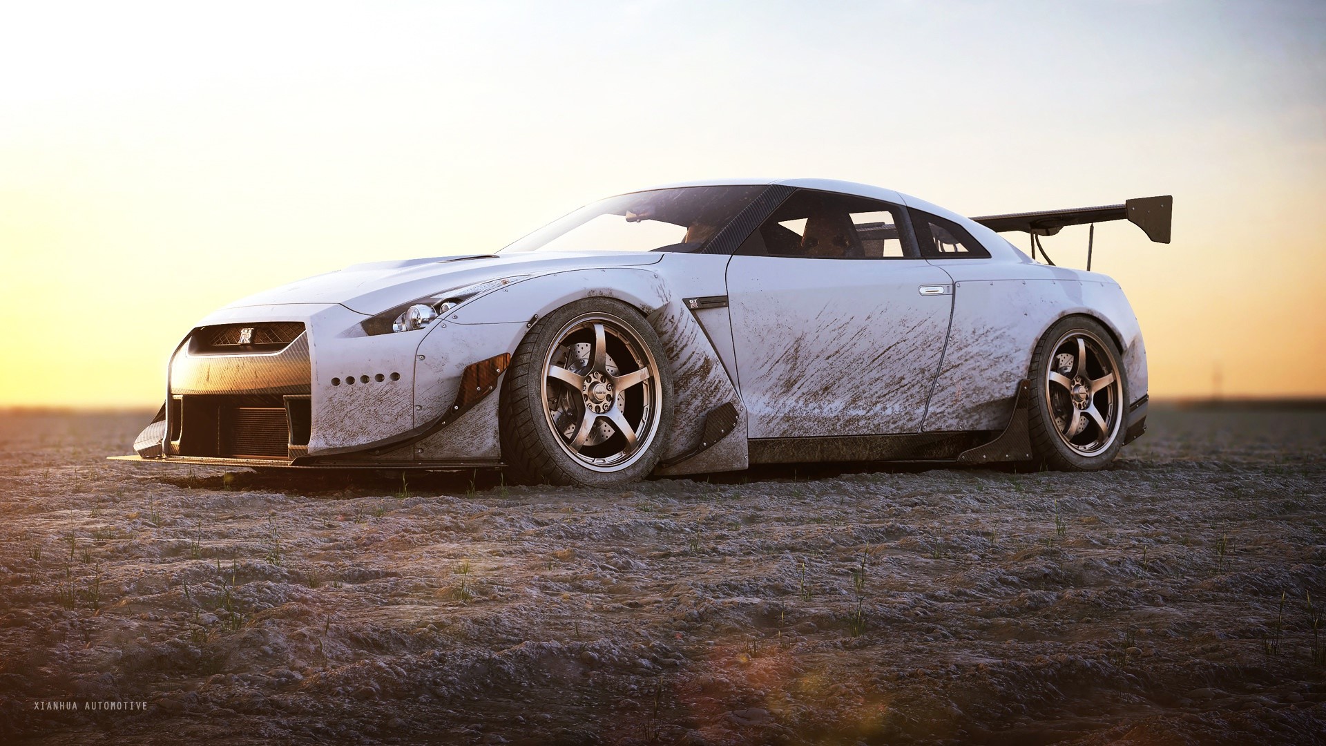 White Nissan GT-R with widebody kit HD Wallpaper