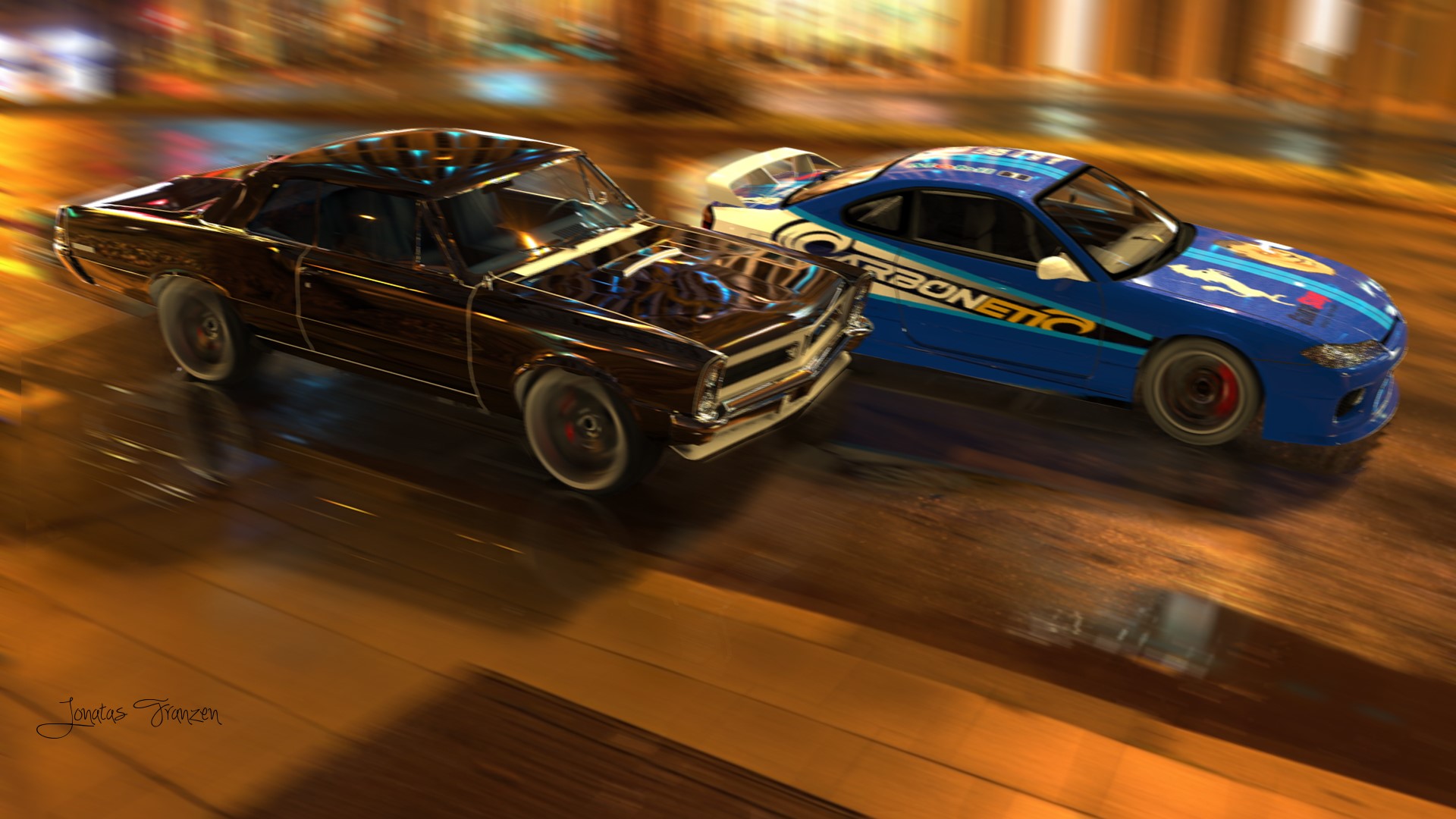 Pontiac GTO and Nissan Silvia Spec-R racing at night HD Wallpaper
