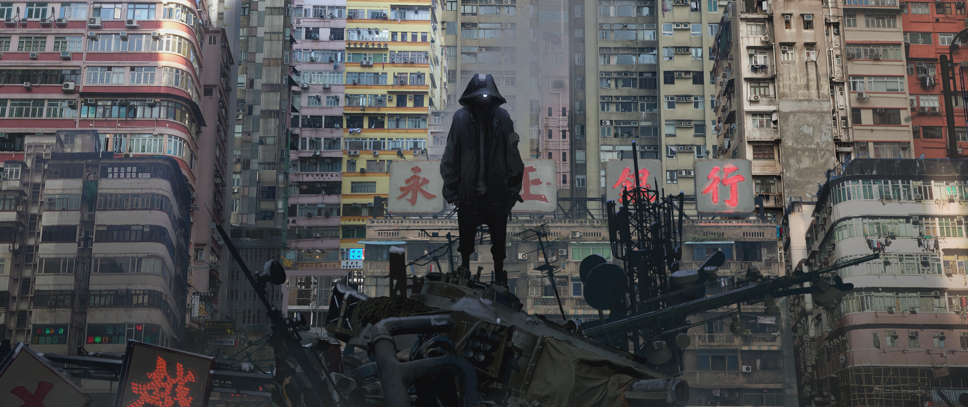 Figure in a hooded jacket standing on ruins in a city HD Wallpaper