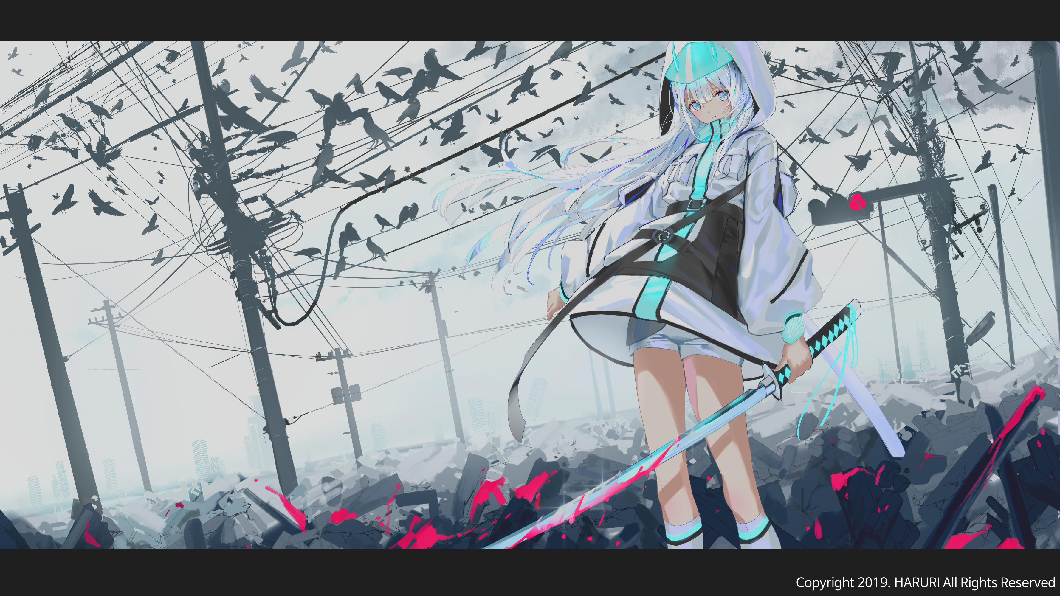Anime girl with white hair and katana in a ruined city with birds HD Wallpaper