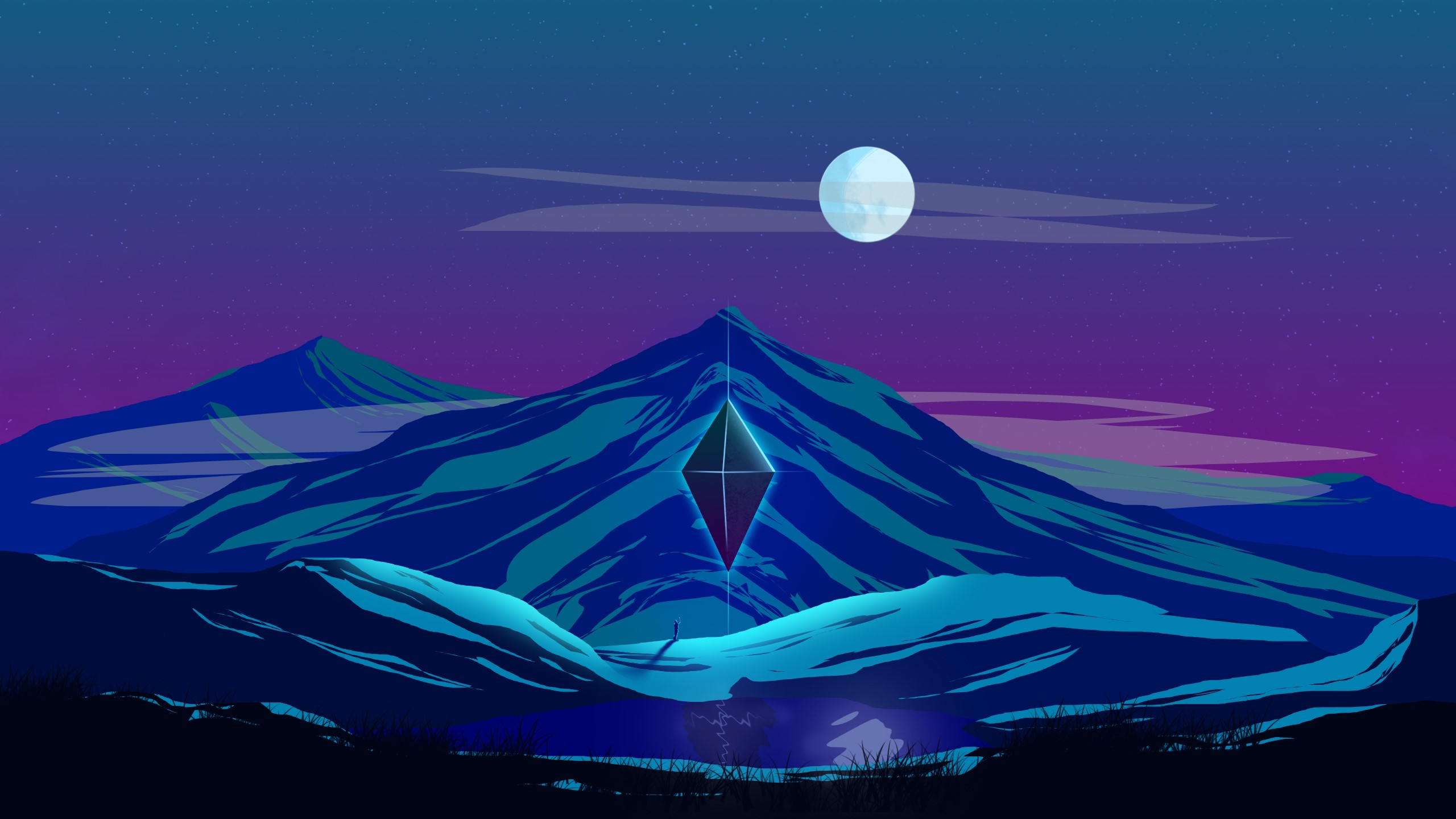 Sci-fi landscape with diamond monolith and moon HD Wallpaper