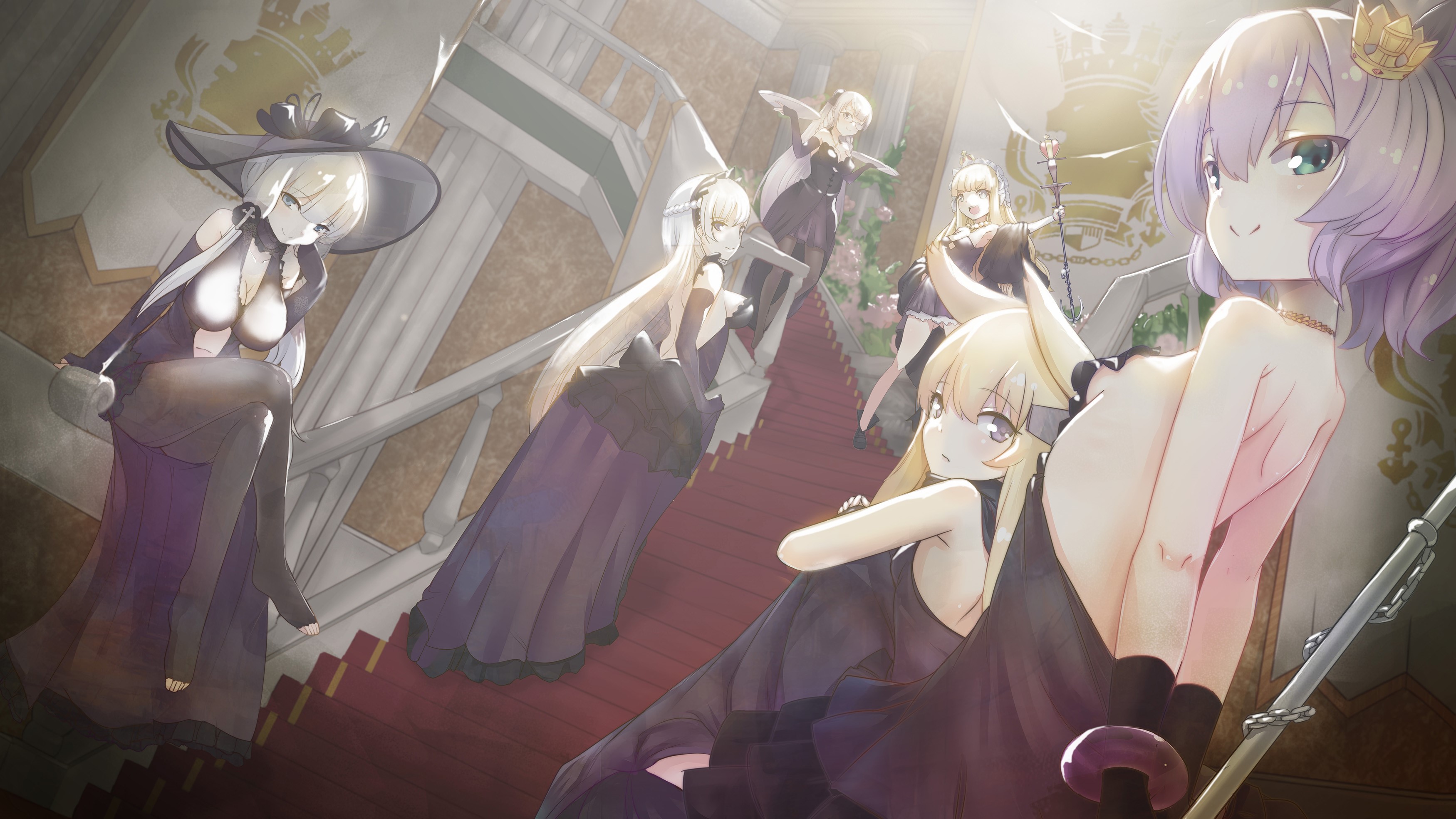 Anime girls in black dresses on a staircase HD Wallpaper