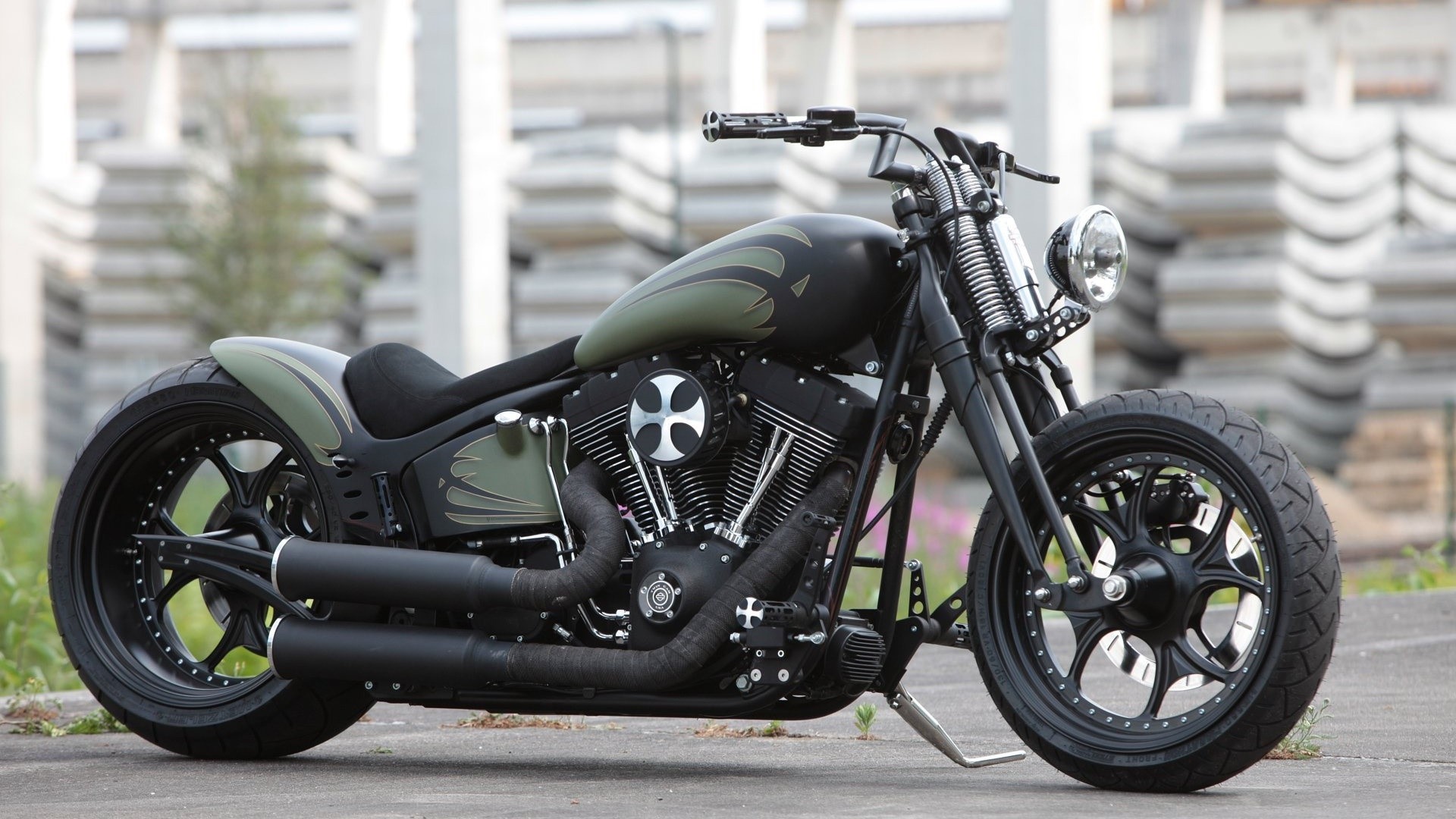 Custom black and olive green chopper motorcycle HD Wallpaper