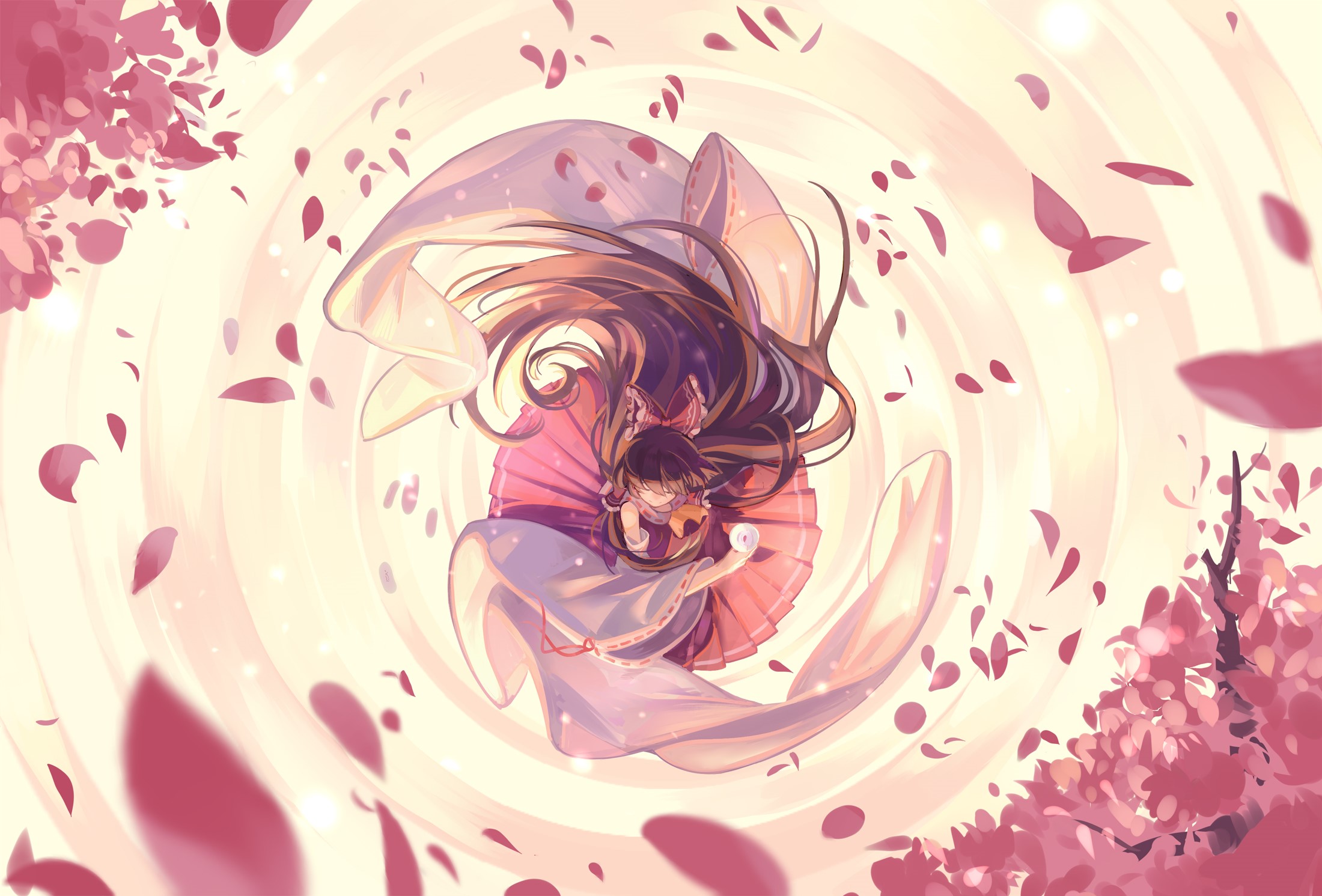 Reimu Hakurei from Touhou surrounded by cherry blossoms HD Wallpaper