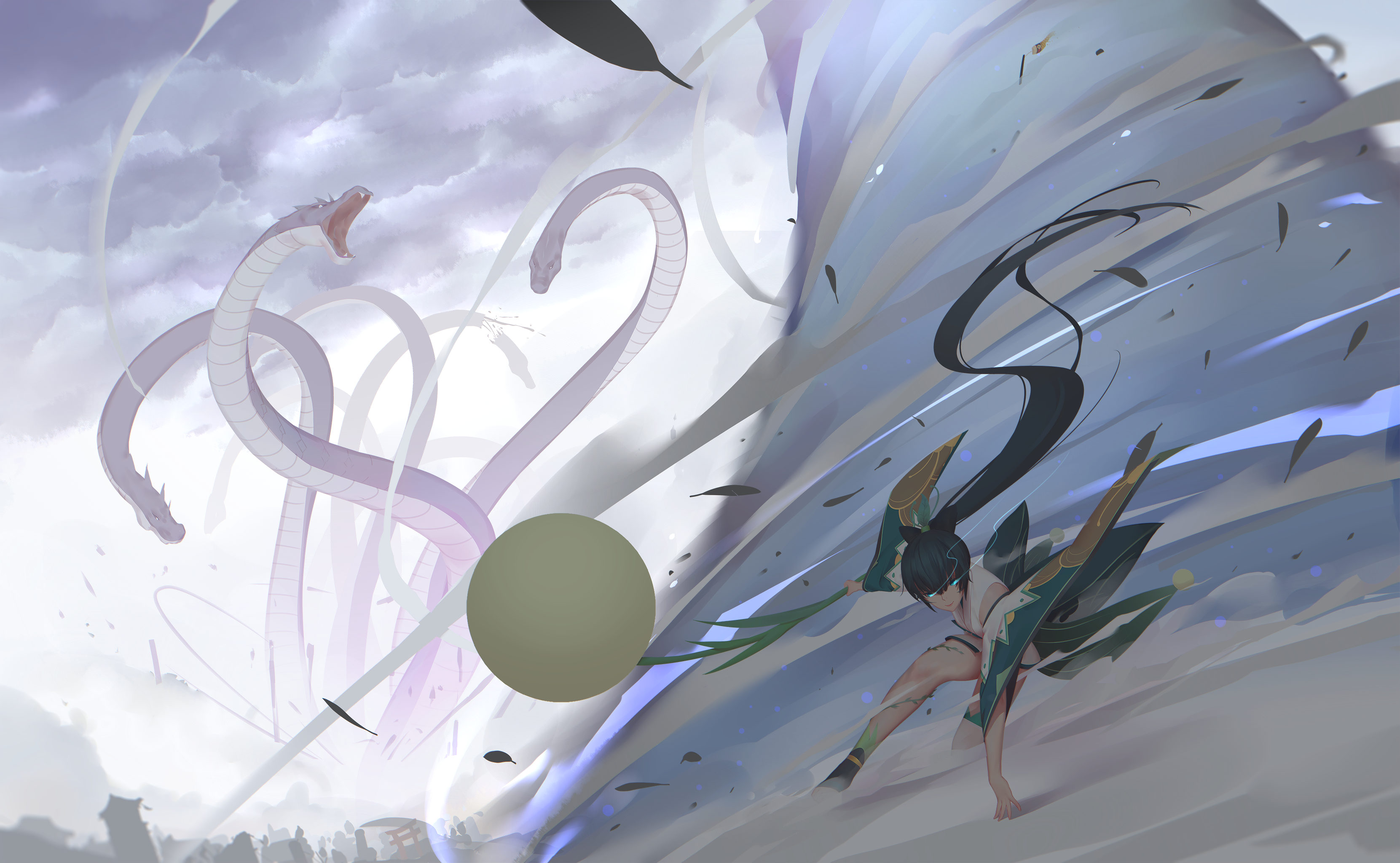 Anime girl fighting hydra with wind powers HD Wallpaper