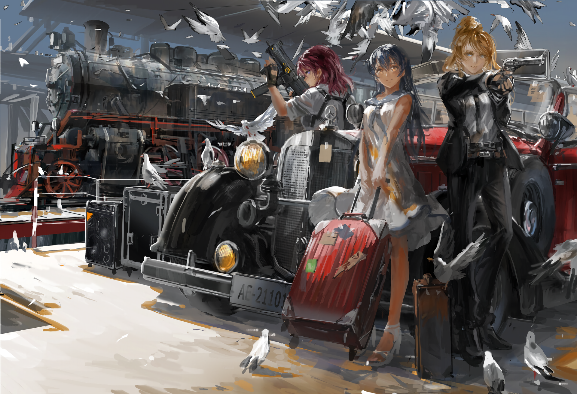 Anime girls with guns and luggage at a train station HD Wallpaper