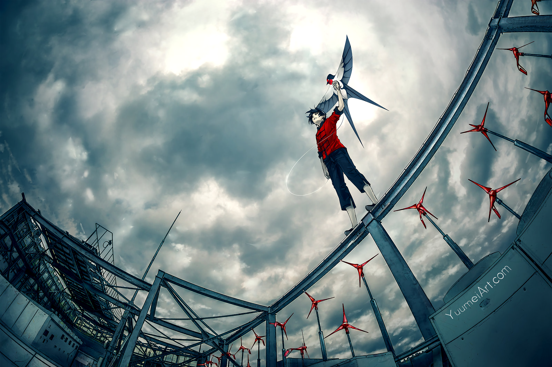 Anime character holding a bird on a metal structure HD Wallpaper