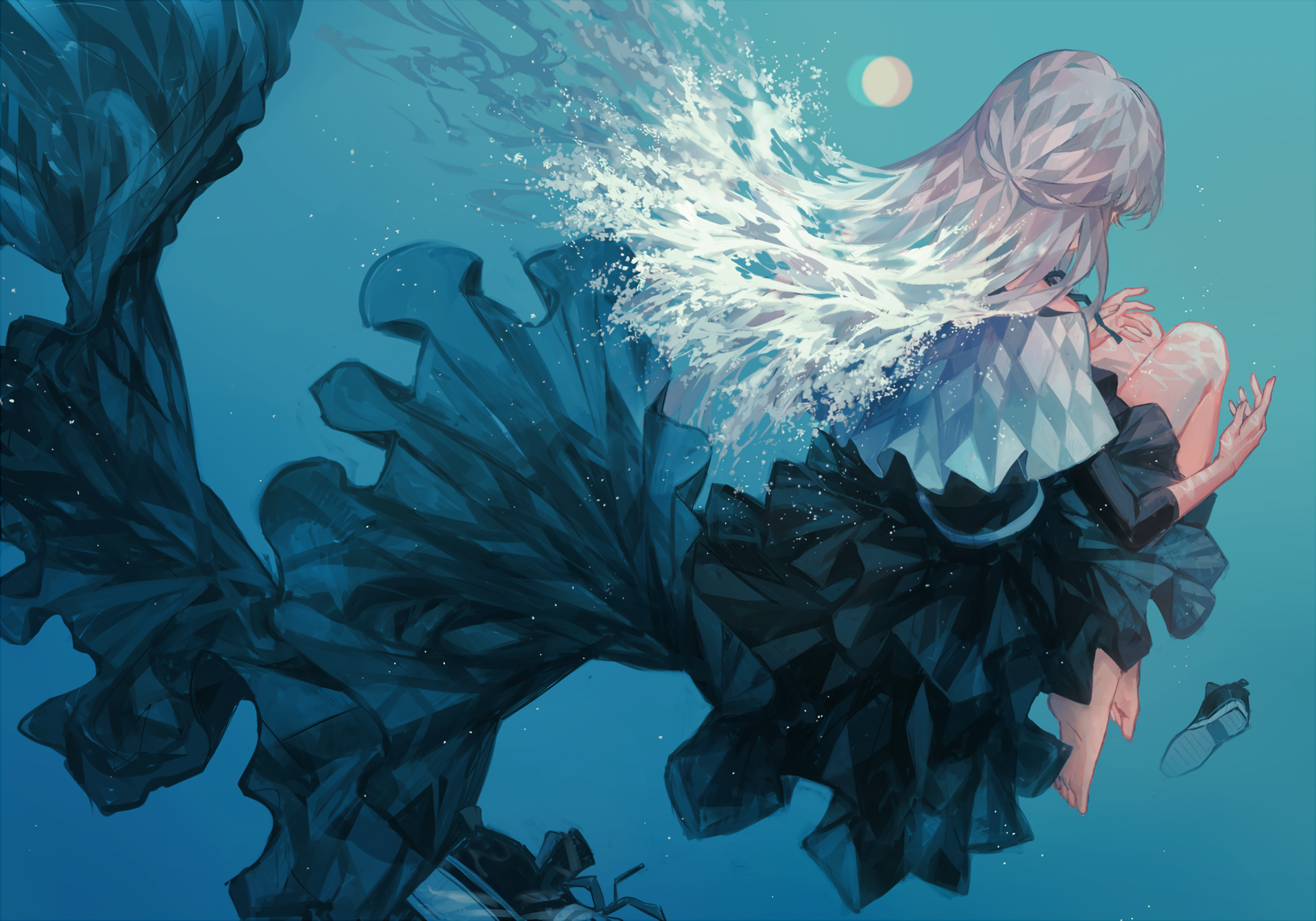 Anime girl with long white hair in dark dress underwater HD Wallpaper