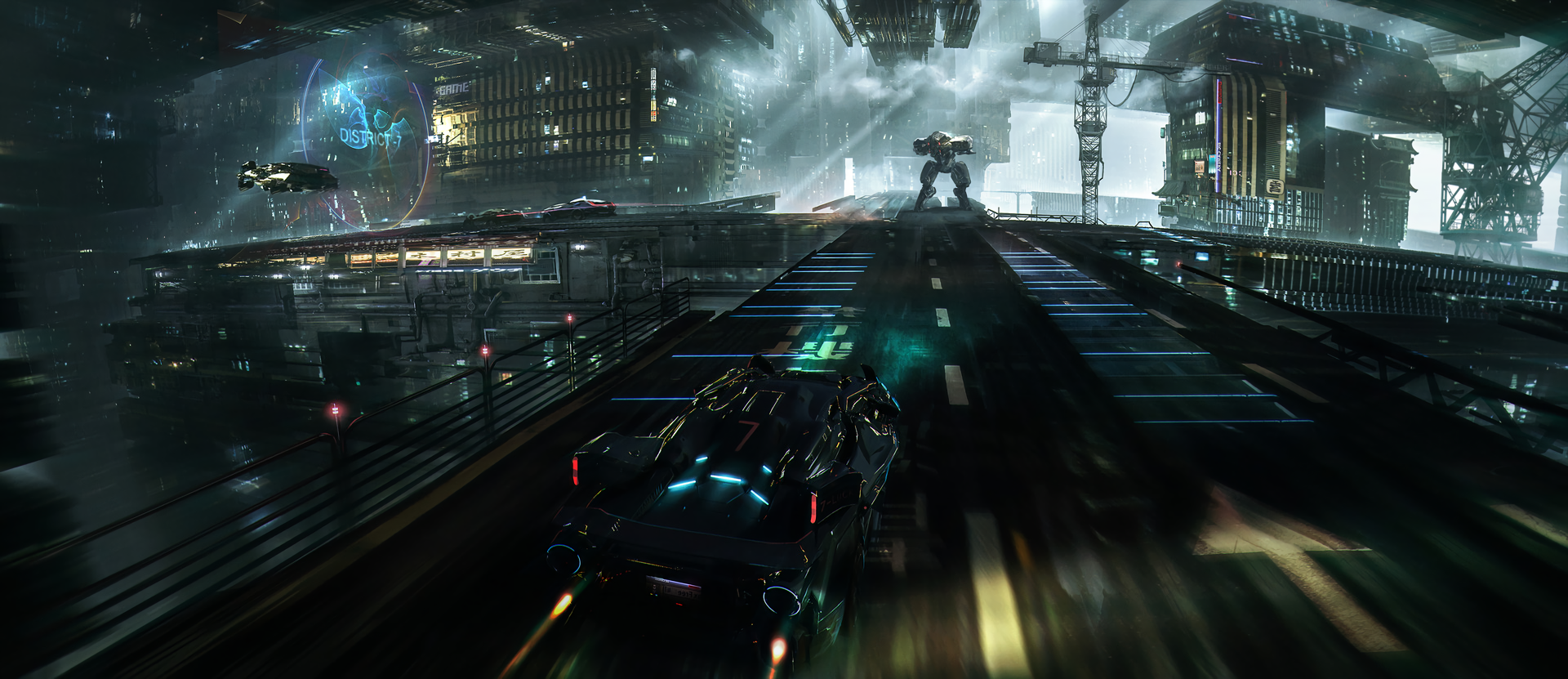 Cyberpunk city with a futuristic car and robot HD Wallpaper
