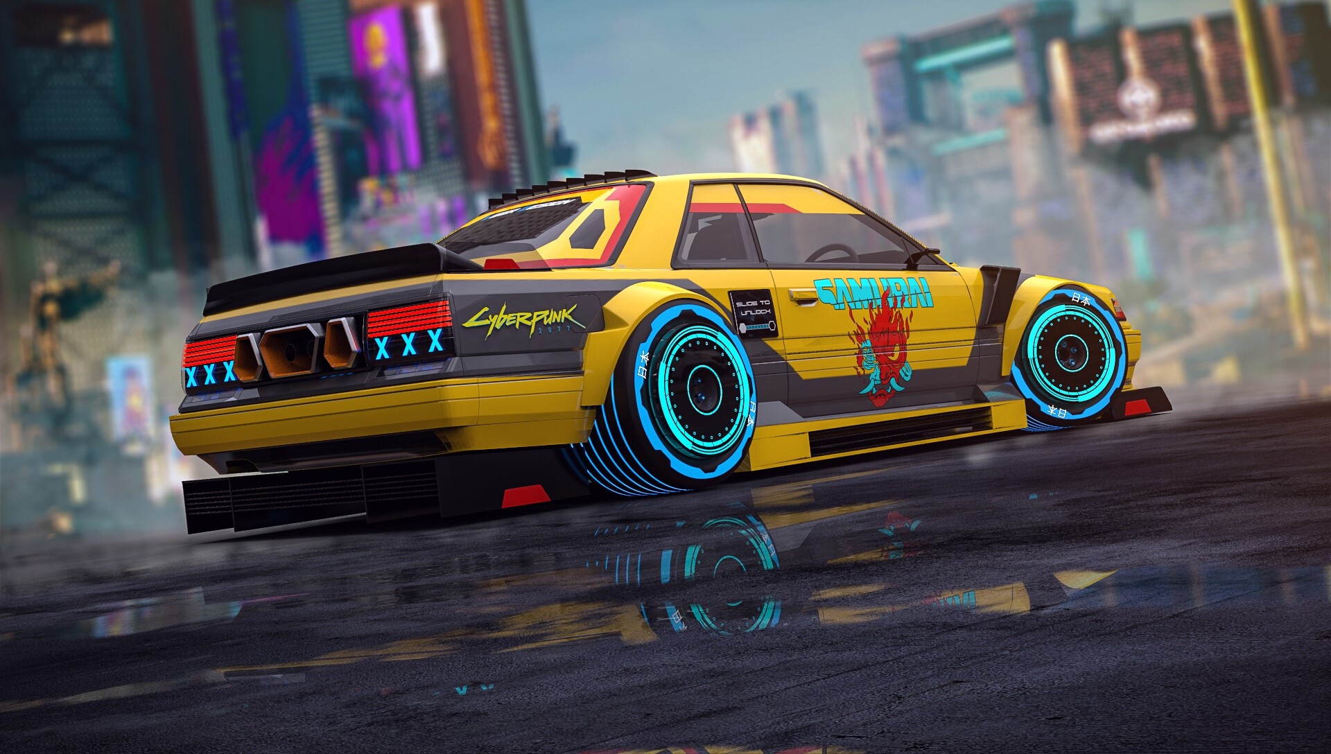 Yellow Cyberpunk Samurai car with glowing wheels HD Wallpaper