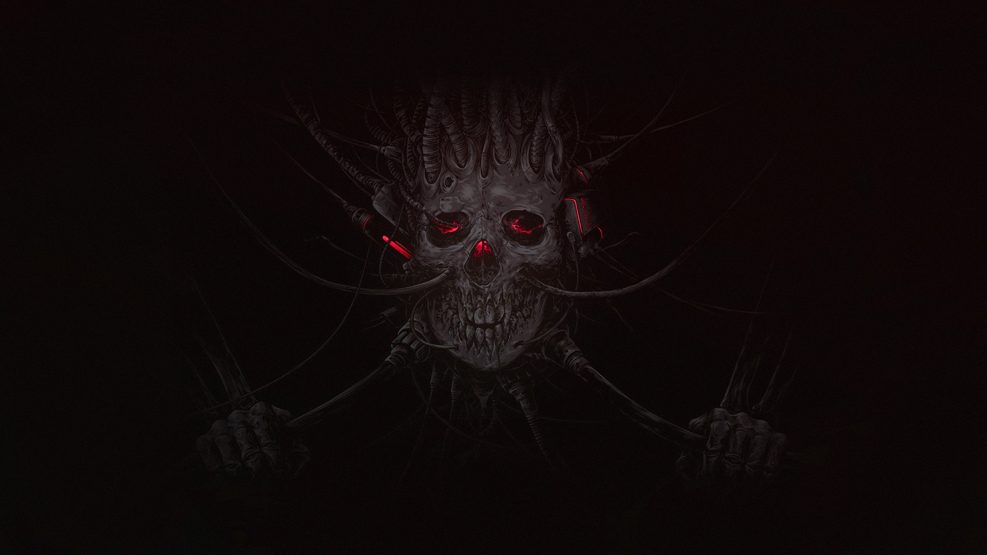 Dark artwork of a mechanical skull with red glowing eyes HD Wallpaper