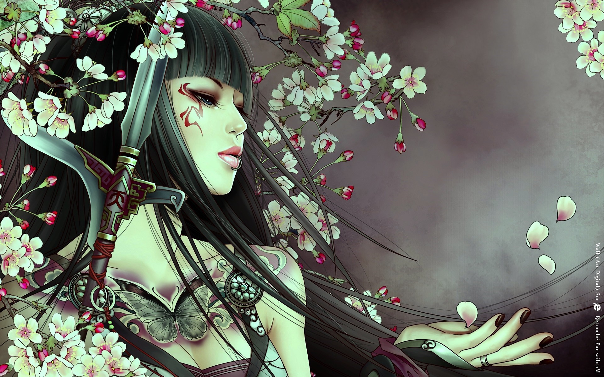 Asian woman with sword and cherry blossoms HD Wallpaper