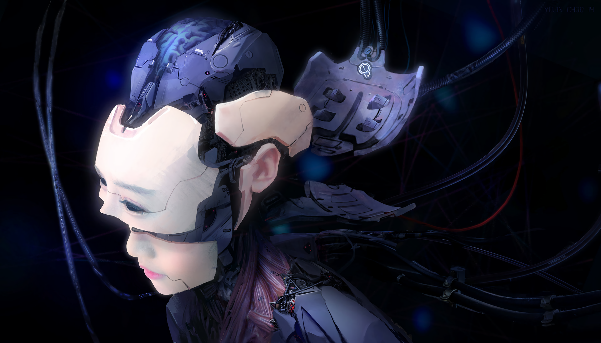 Cyborg with exposed brain and wires, digital art HD Wallpaper