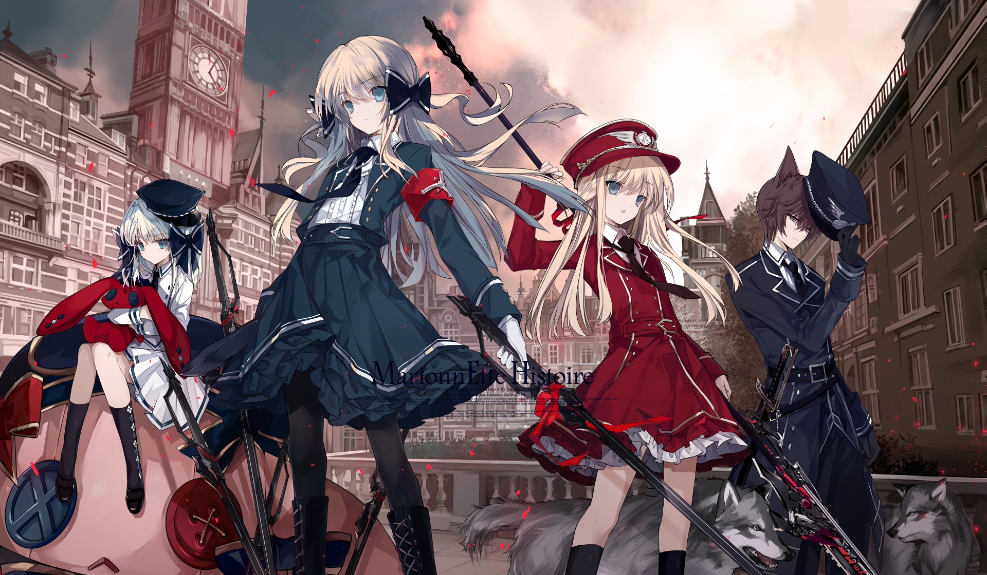 Anime Girls and Wolf Companions in London HD Wallpaper