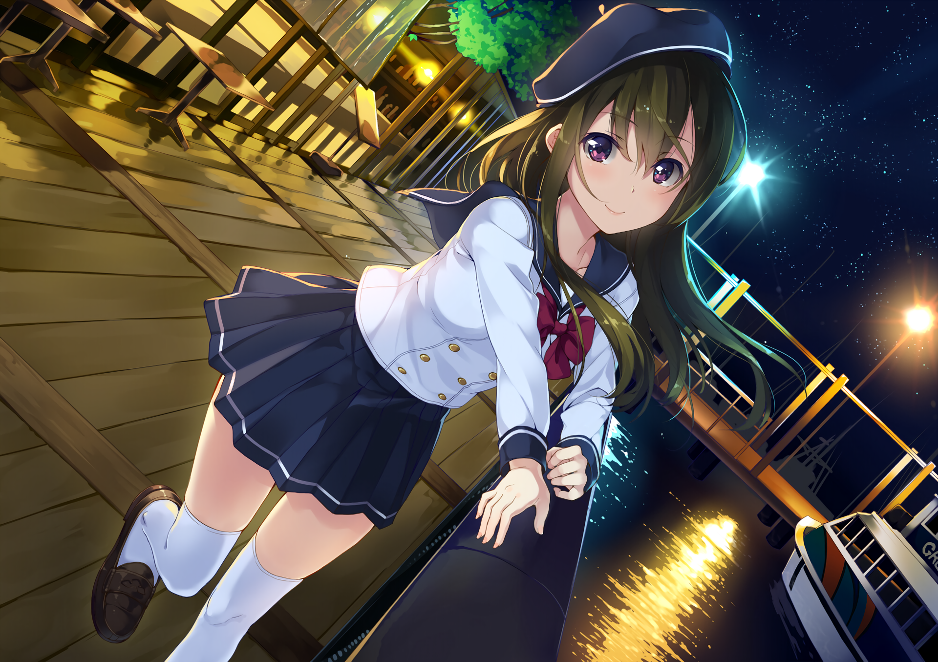 Anime girl in school uniform at night HD Wallpaper