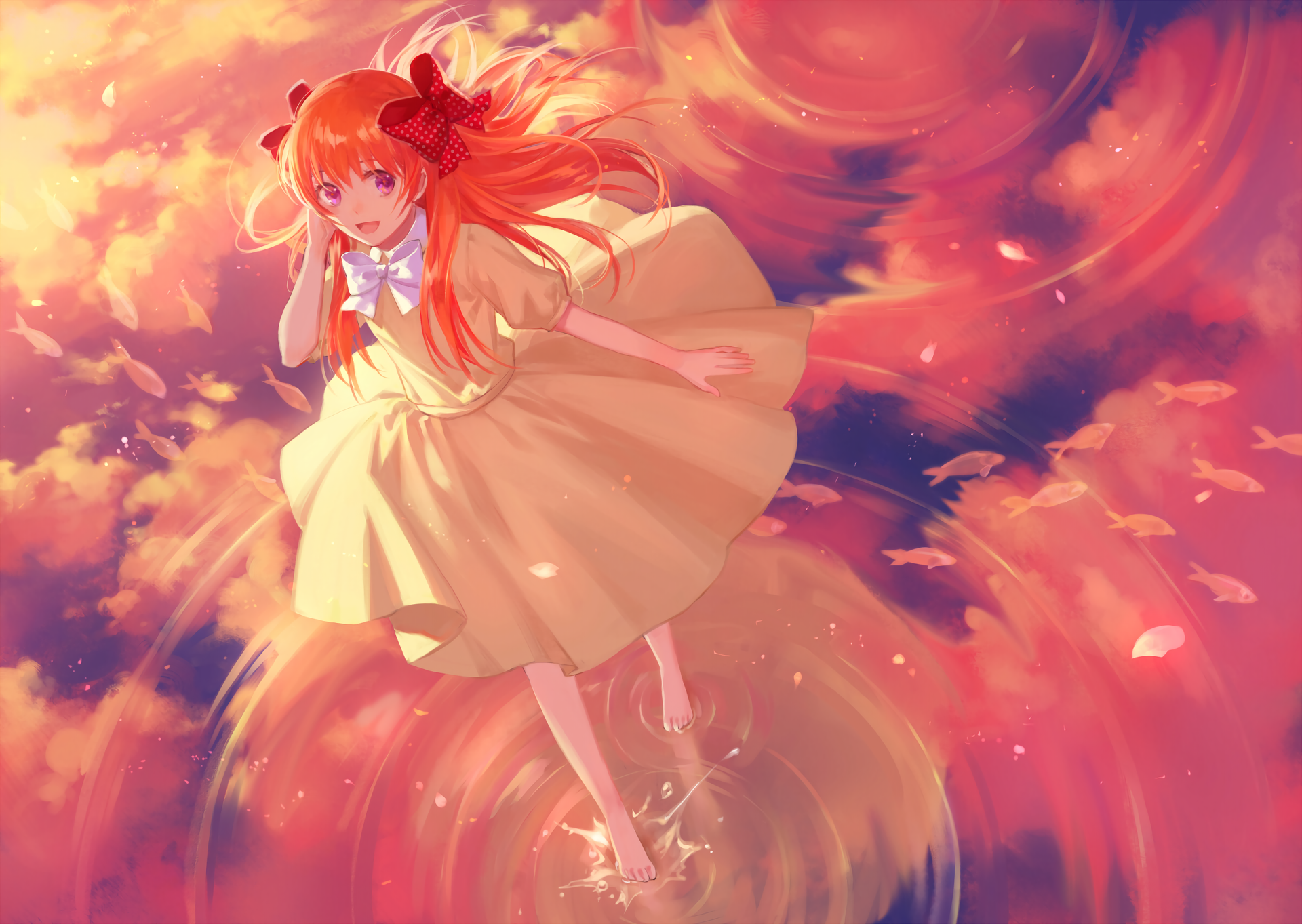 Anime girl with orange hair and red bows in a yellow dress HD Wallpaper