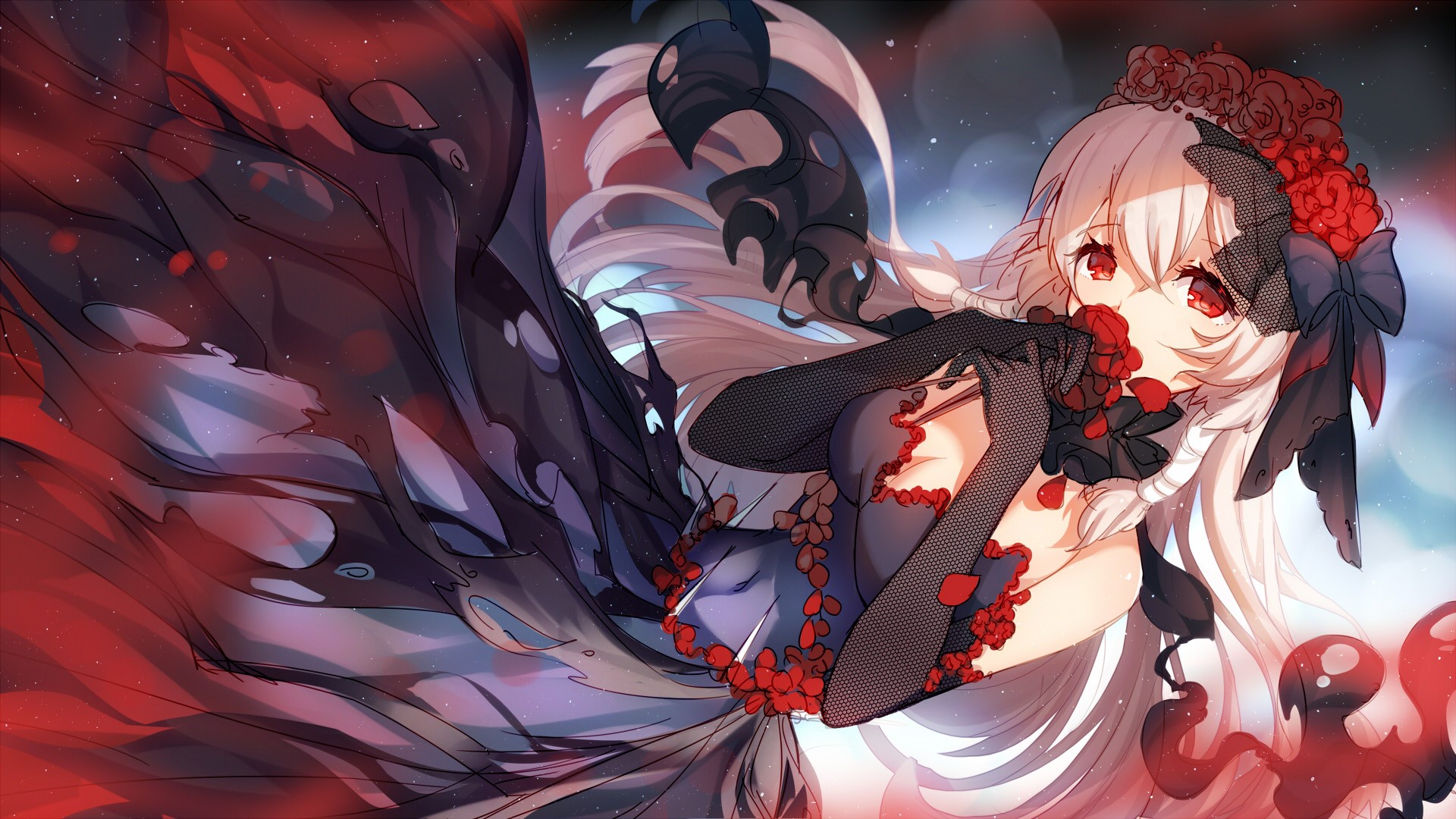 Anime girl with white hair and red eyes in a black dress HD Wallpaper