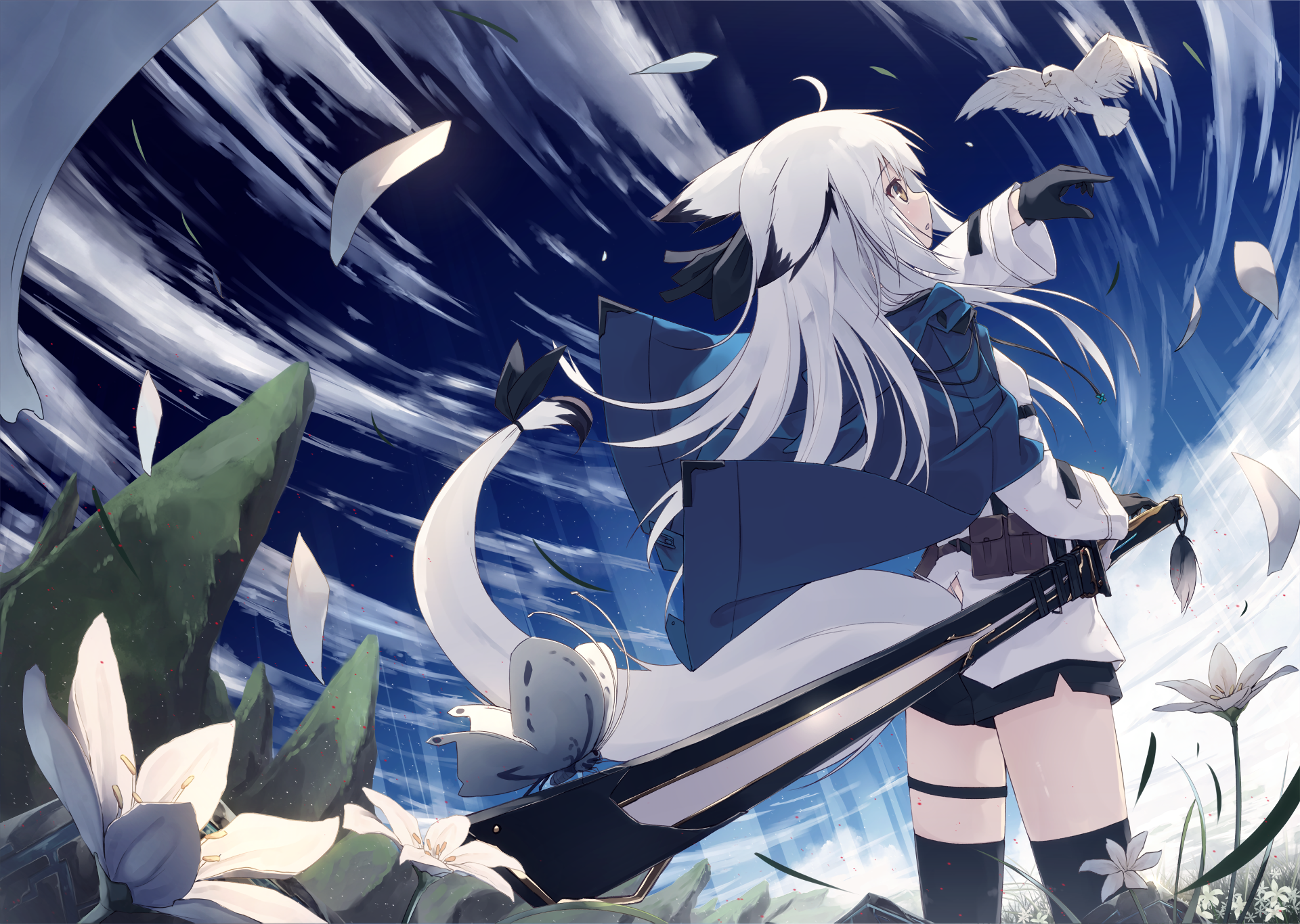 Anime girl with white hair and sword HD Wallpaper