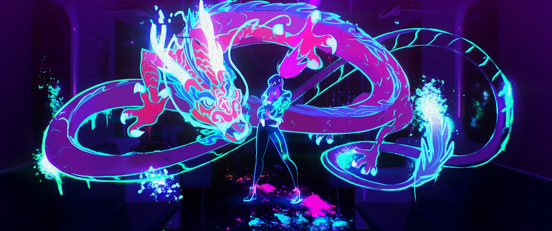 Akali from K/DA with a neon dragon HD Wallpaper