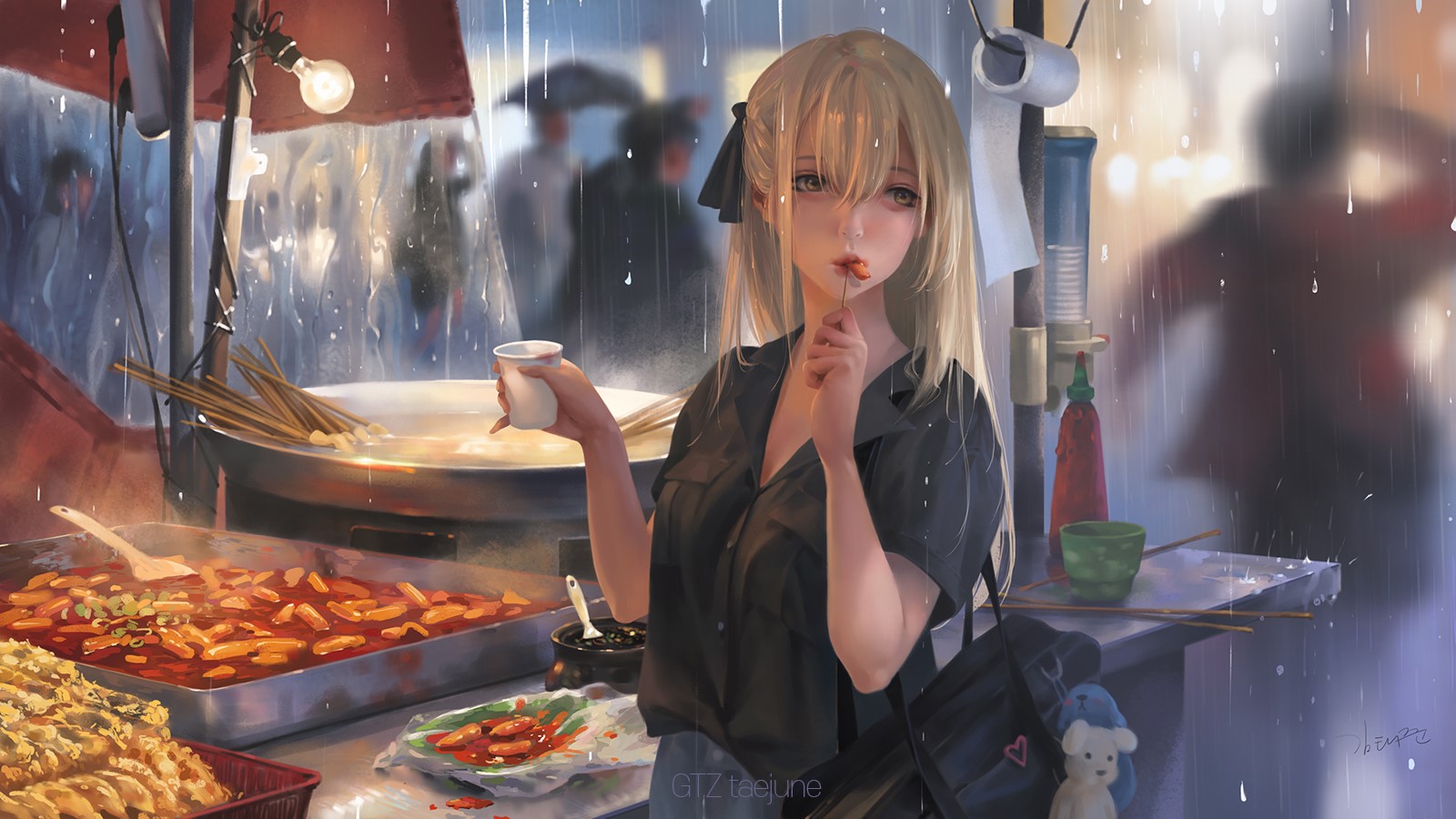 Anime girl eating street food in the rain HD Wallpaper