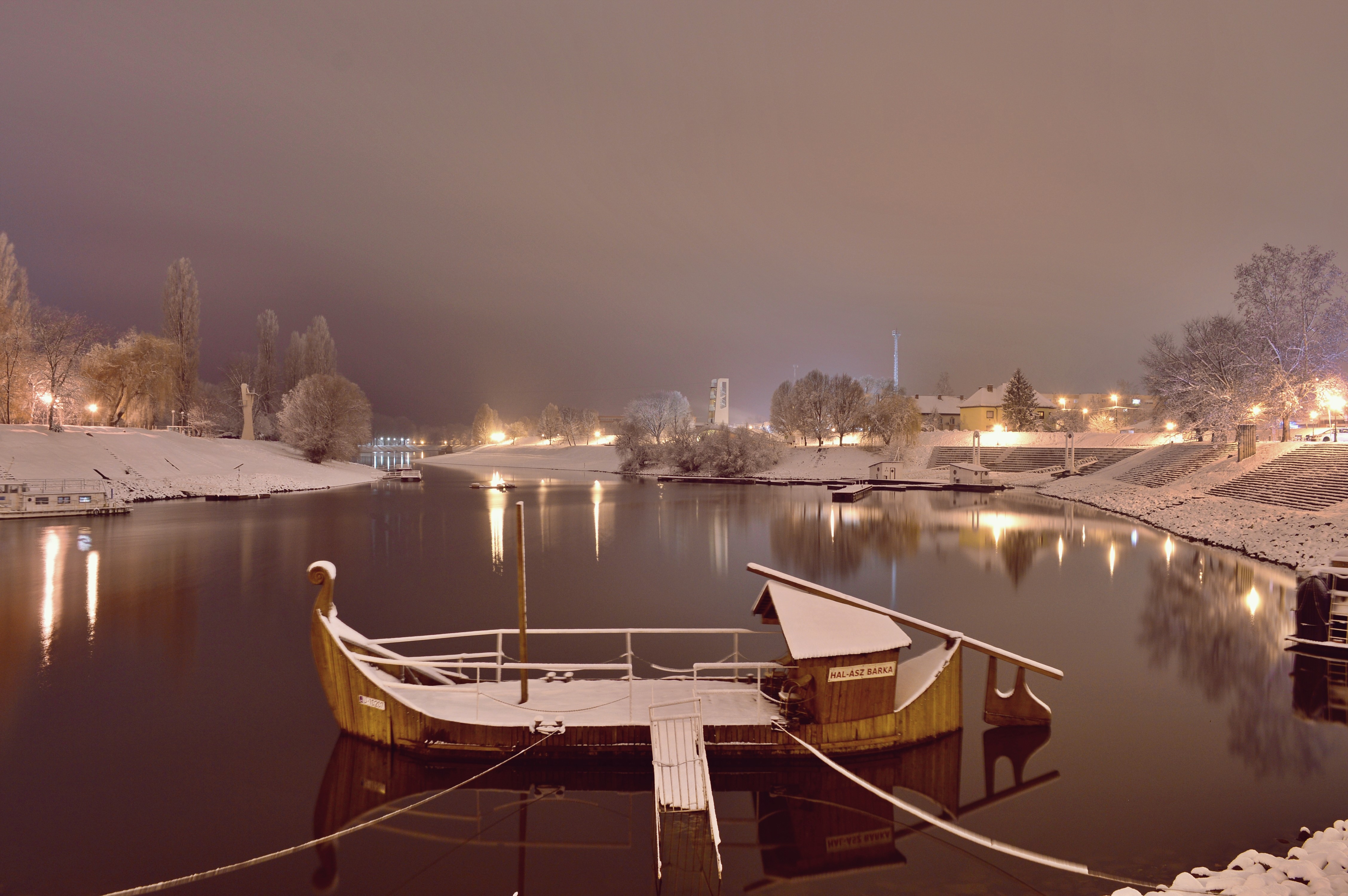 4K snow night landscape of Baja, Hungary HD Wallpaper