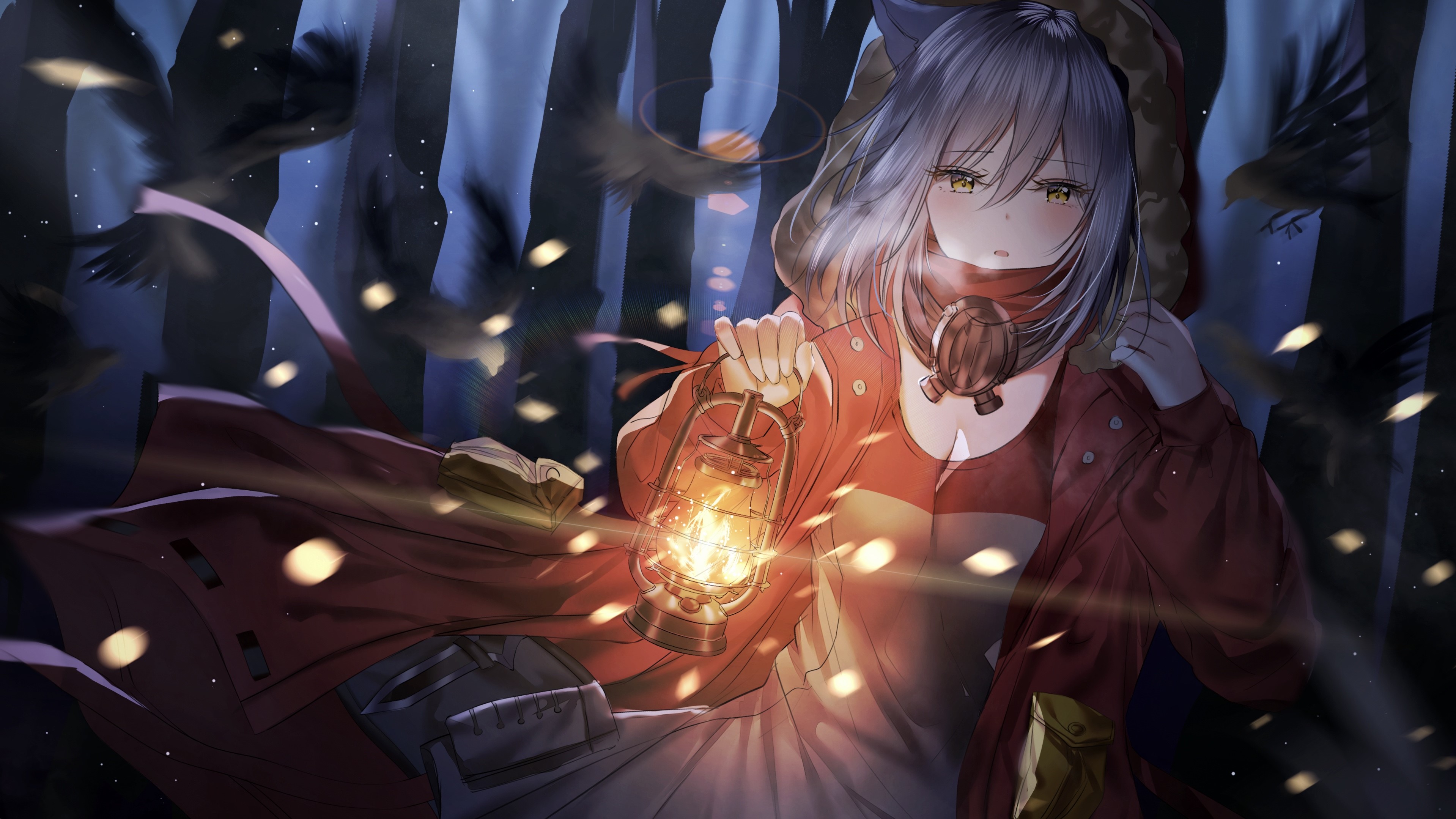 Projekt Red from Arknights holding a lantern in a forest HD Wallpaper