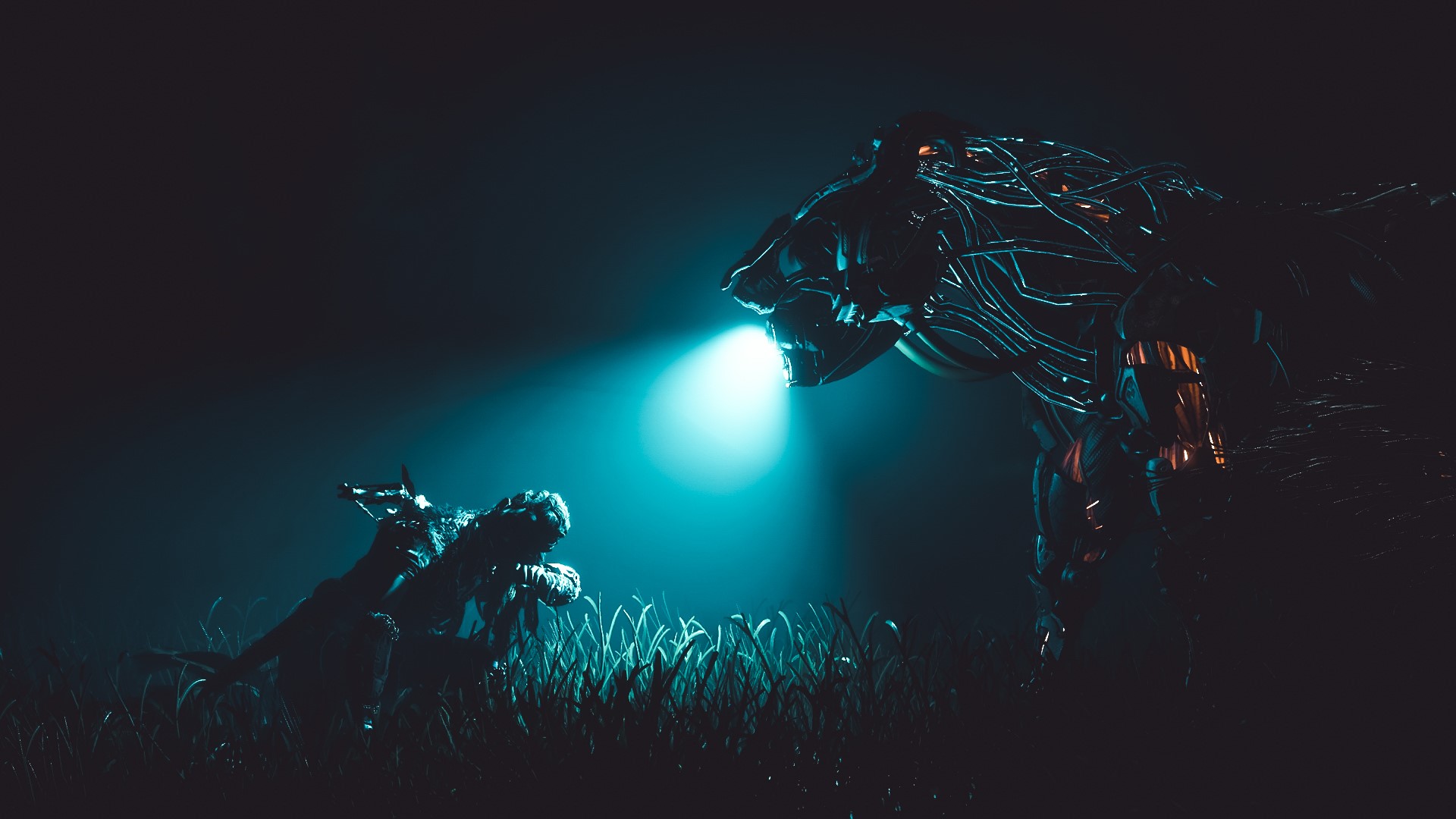 Machine from Horizon Zero Dawn in a dark field HD Wallpaper