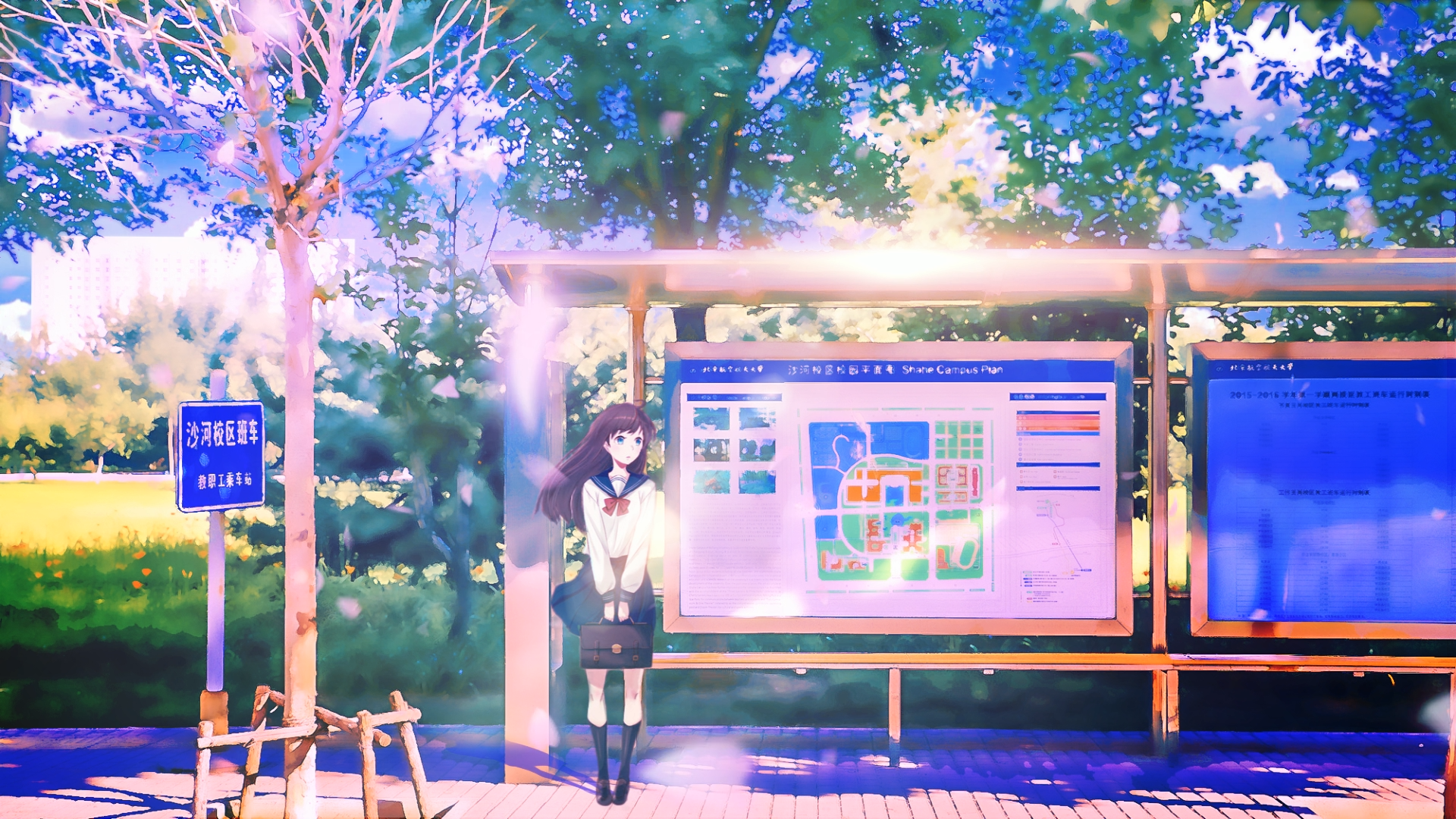 Anime girl at a bus stop with campus map HD Wallpaper