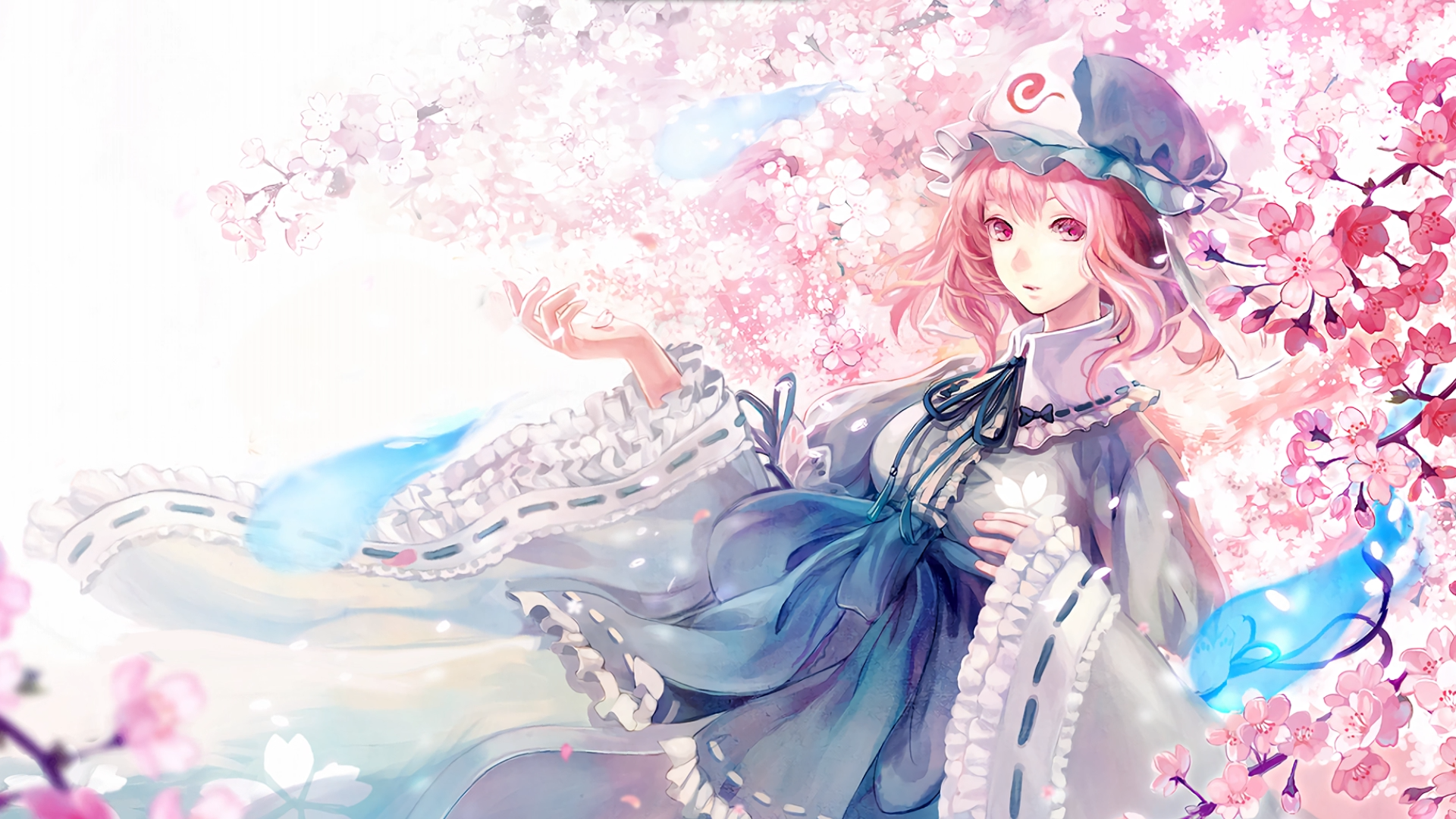 Saigyouji Yuyuko from Touhou with pink hair and cherry blossoms HD Wallpaper