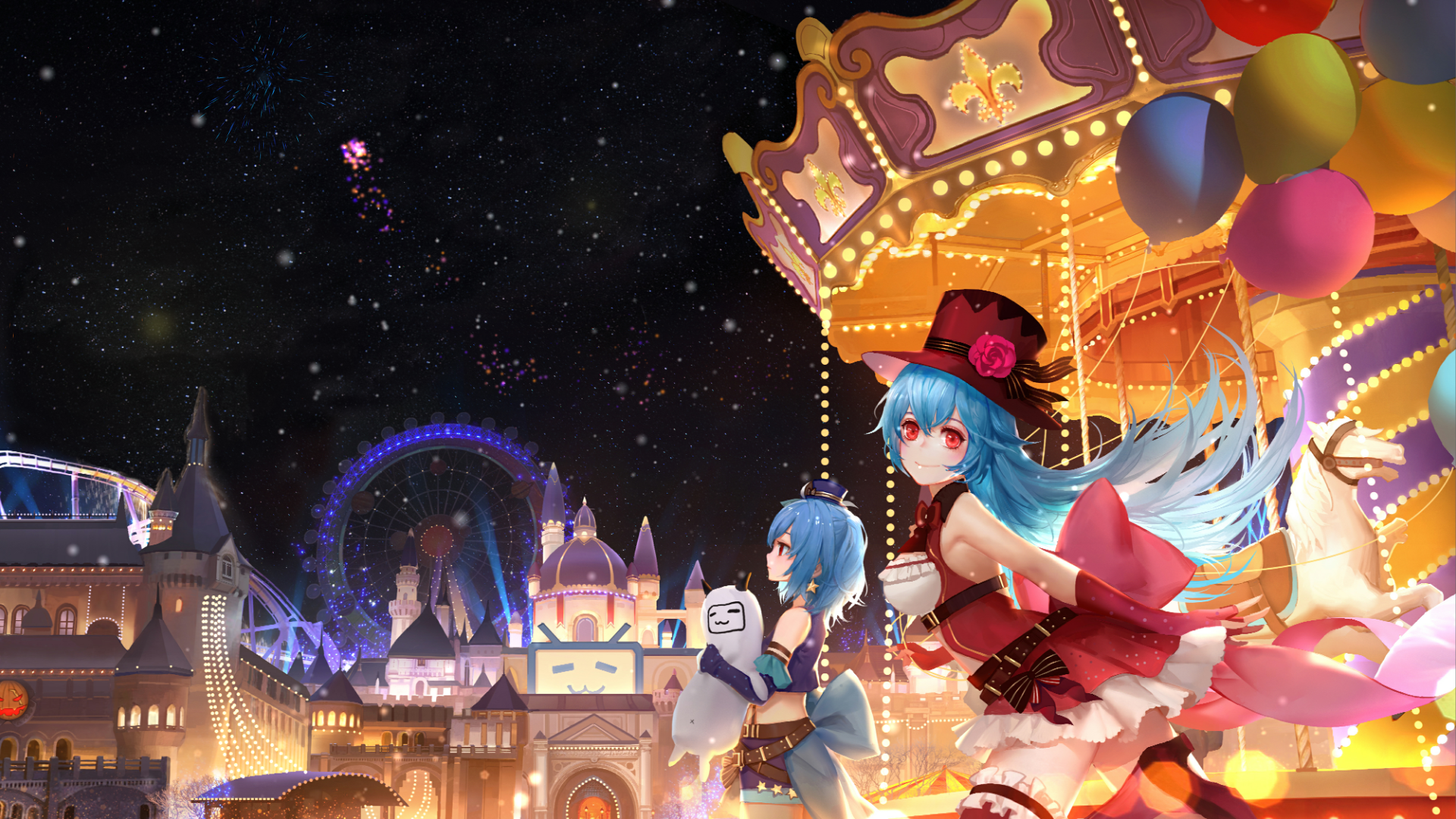 Anime girls with blue hair and red eyes at a carnival at night HD Wallpaper