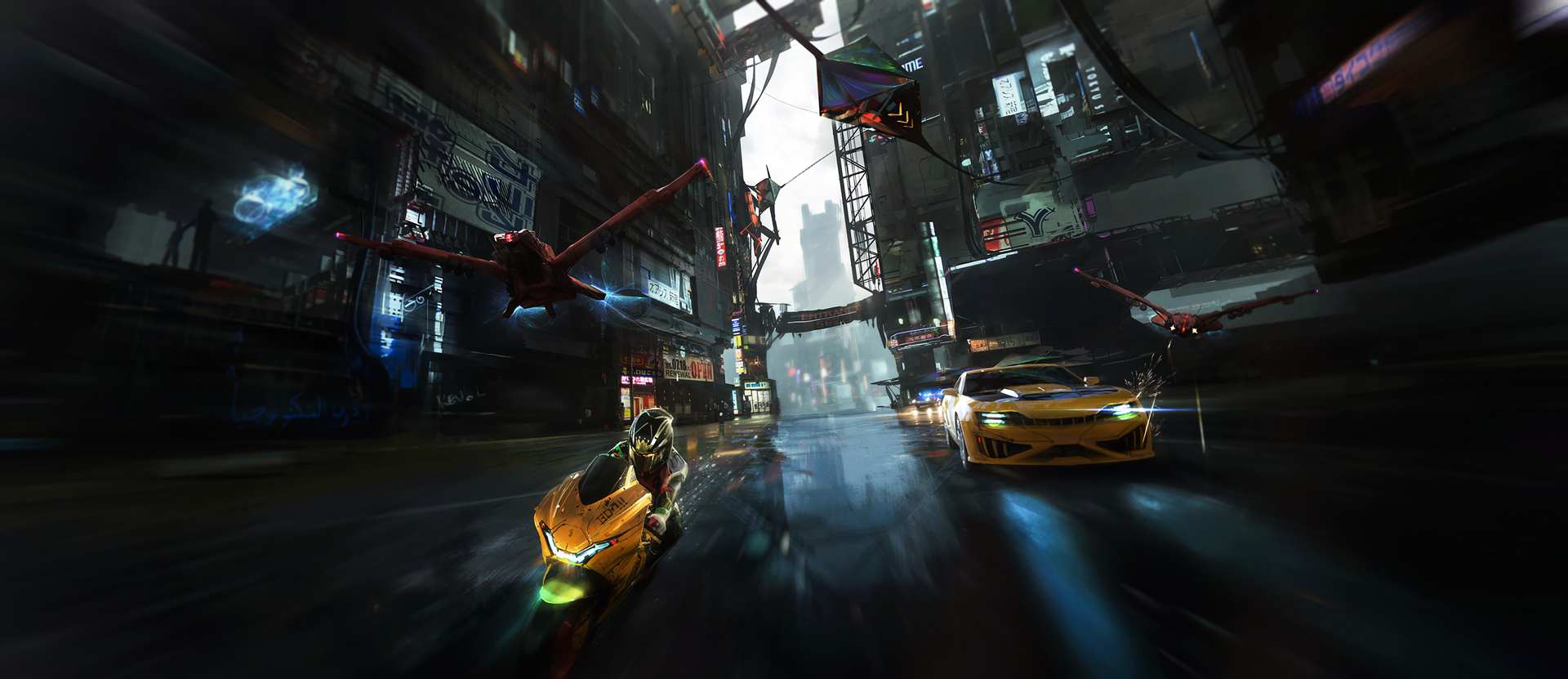 Cyberpunk city race with motorcycle, car, and drones HD Wallpaper