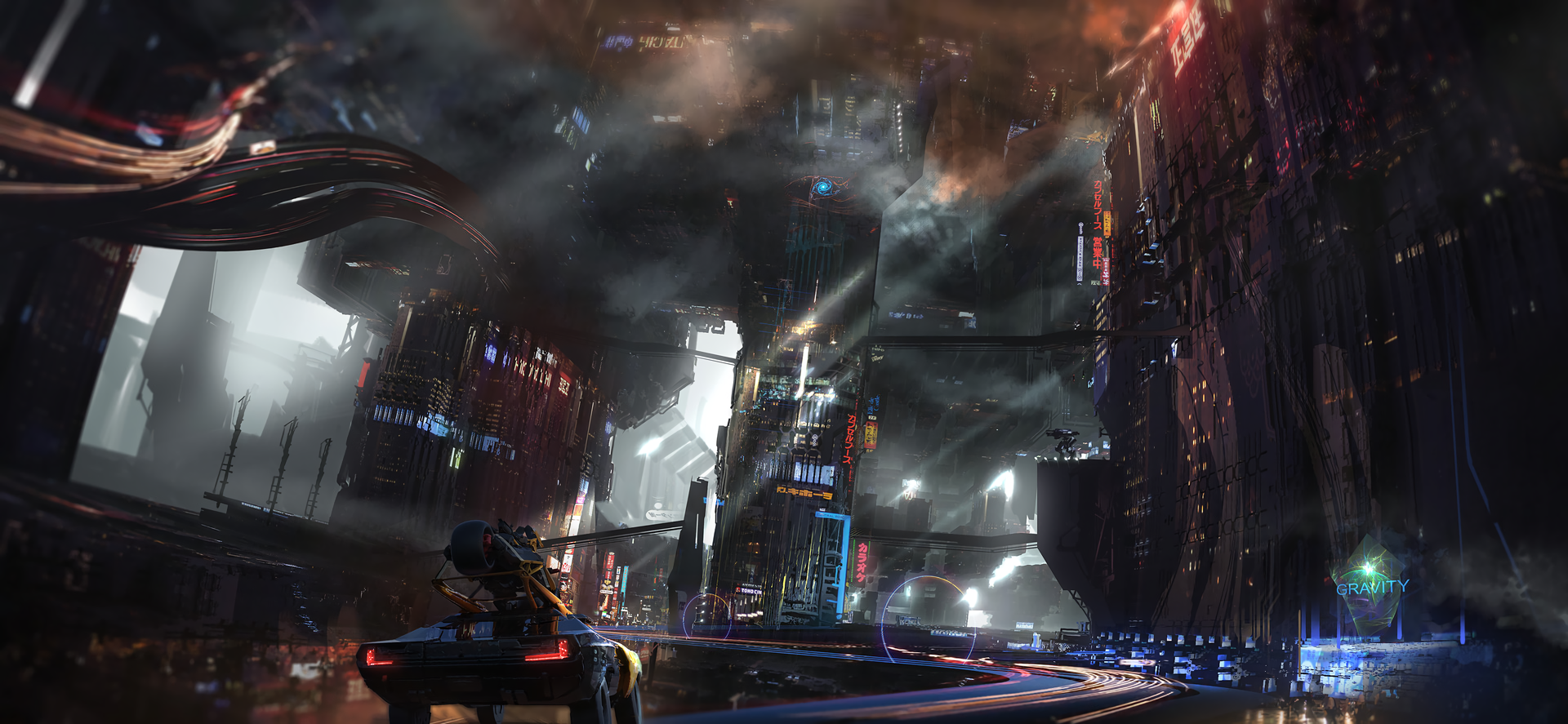 Cyberpunk city with a vehicle and glowing signs HD Wallpaper