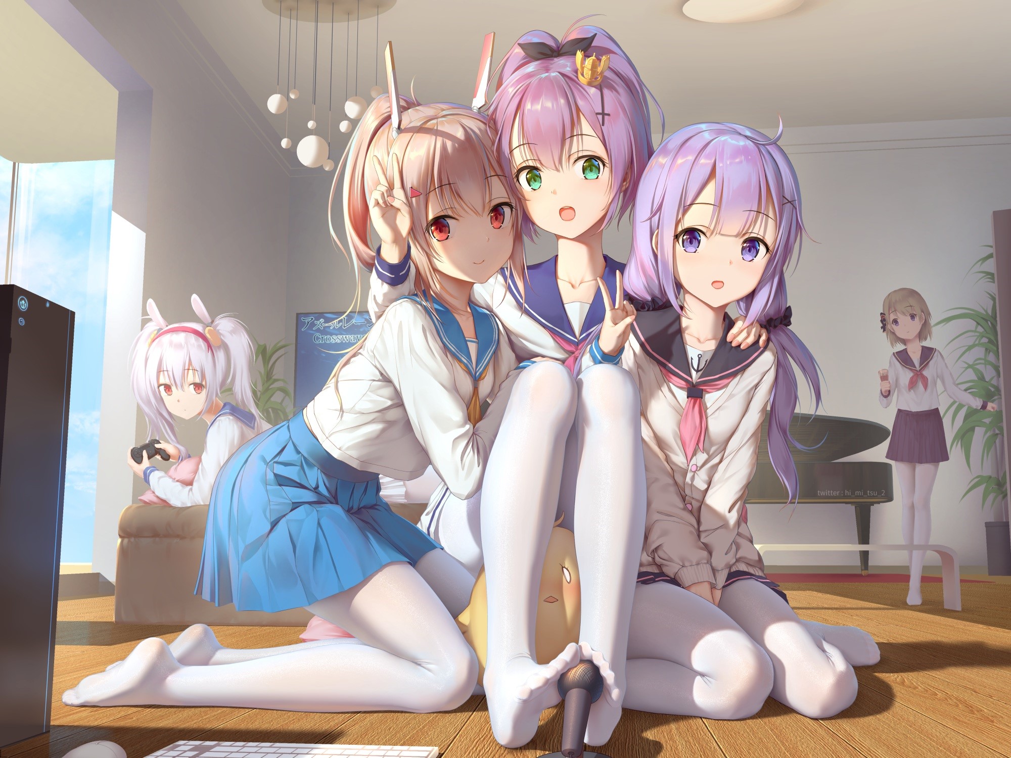 Anime Girls in White Pantyhose and Animal Ears HD Wallpaper
