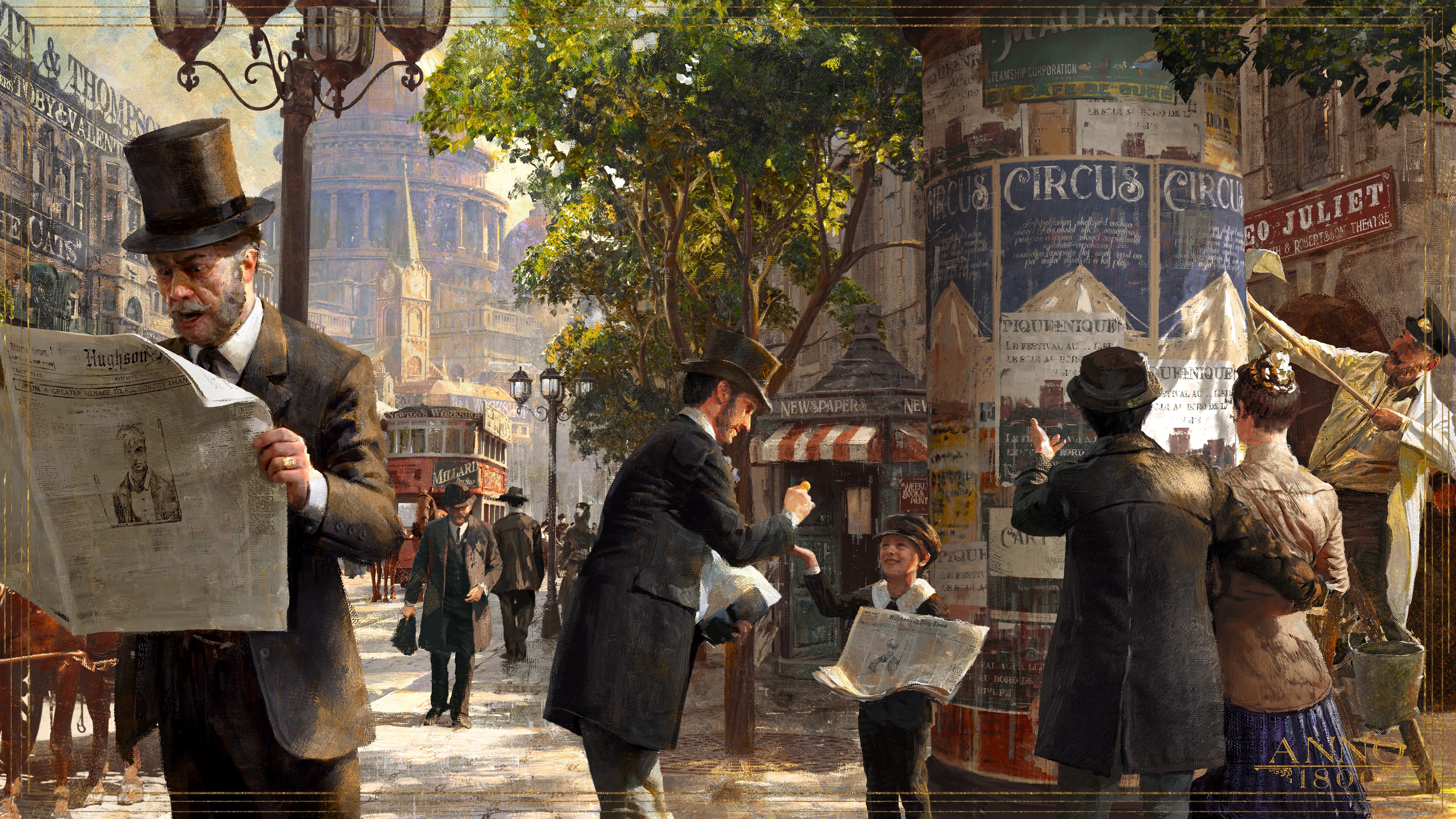 Anno 1800 concept art of a street scene with newspapers HD Wallpaper