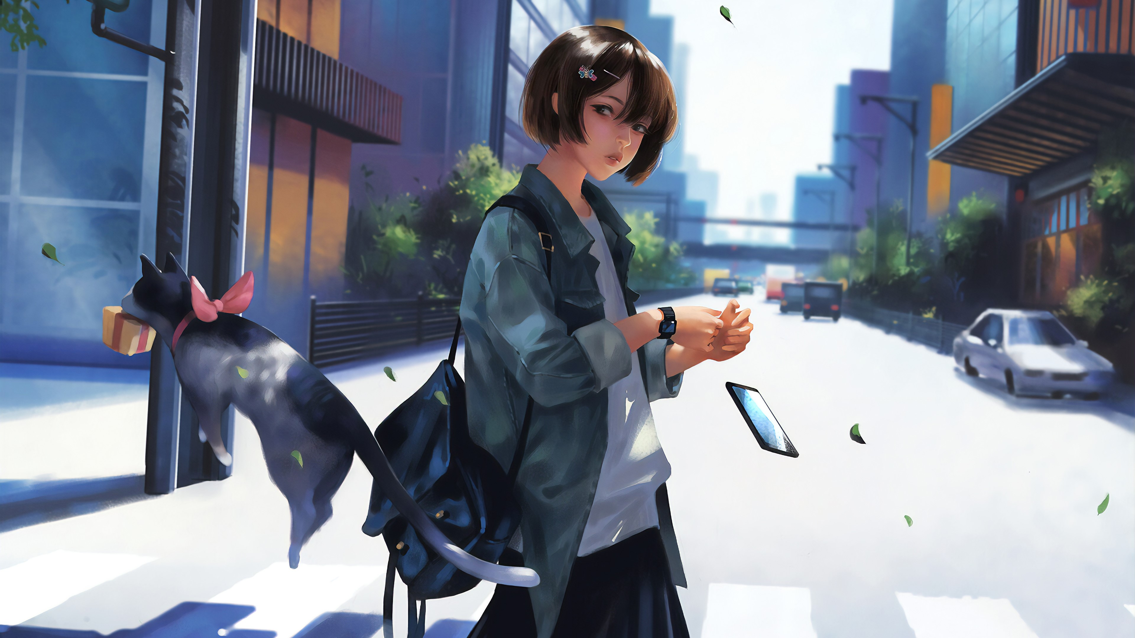 Anime girl with cat in city street HD Wallpaper