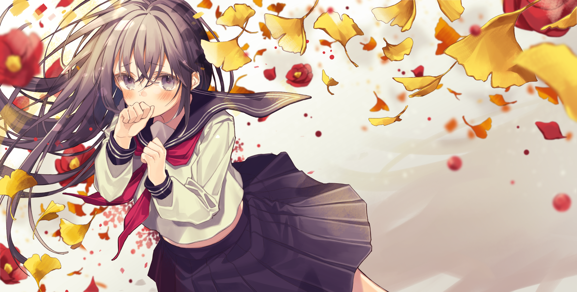 Anime girl in school uniform with falling leaves HD Wallpaper