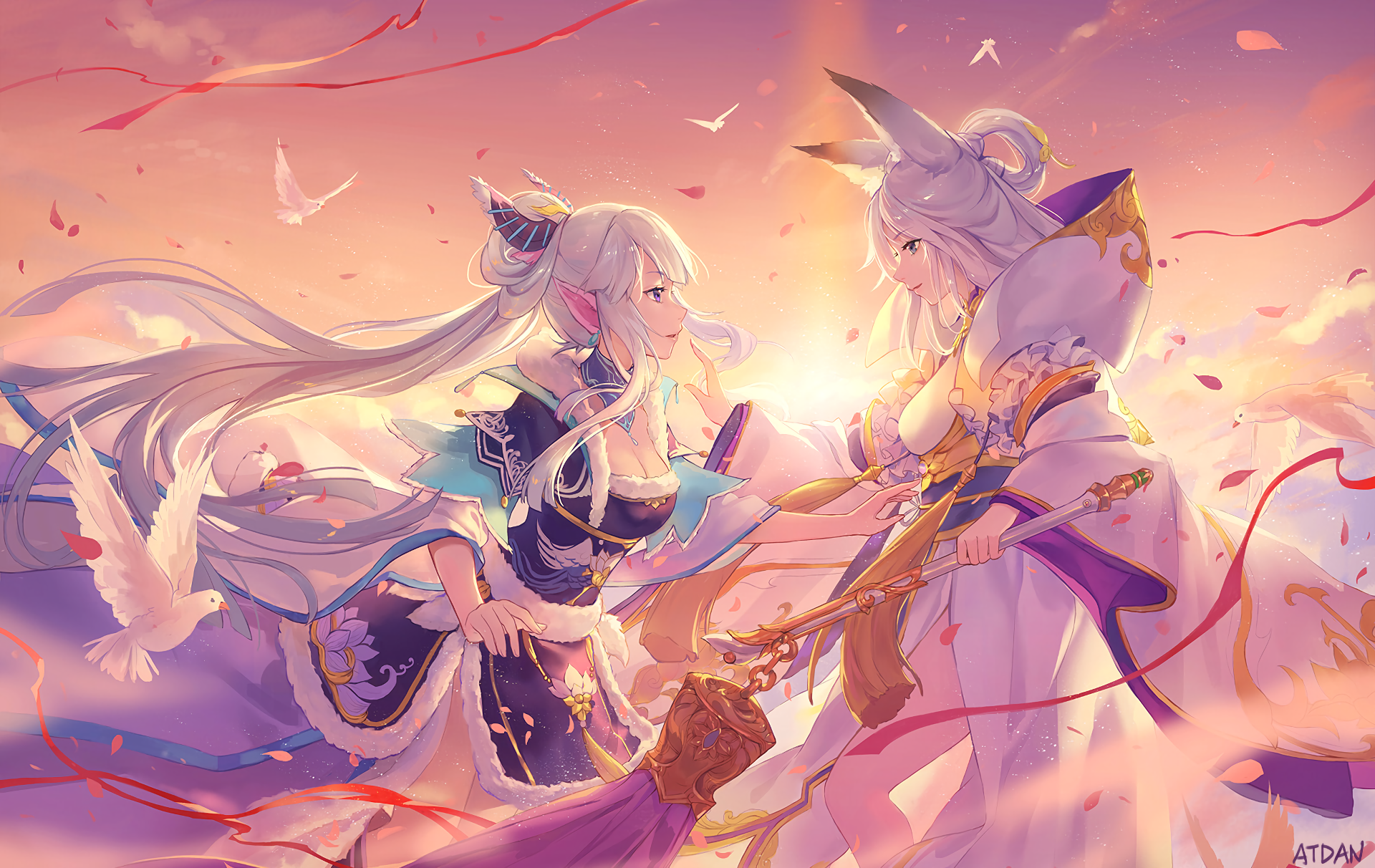 Two anime girls with animal ears in a fantasy setting HD Wallpaper