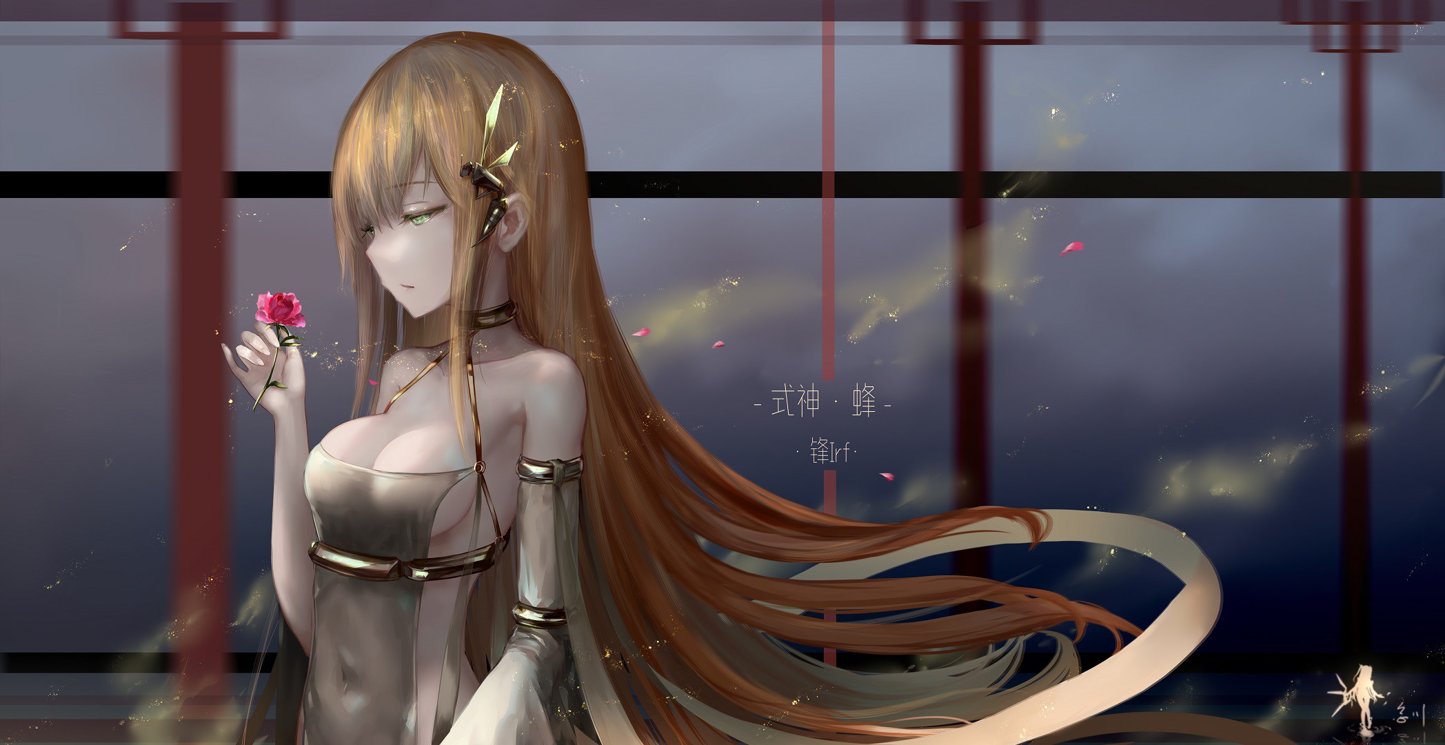 Anime girl with long blonde hair holding a rose HD Wallpaper