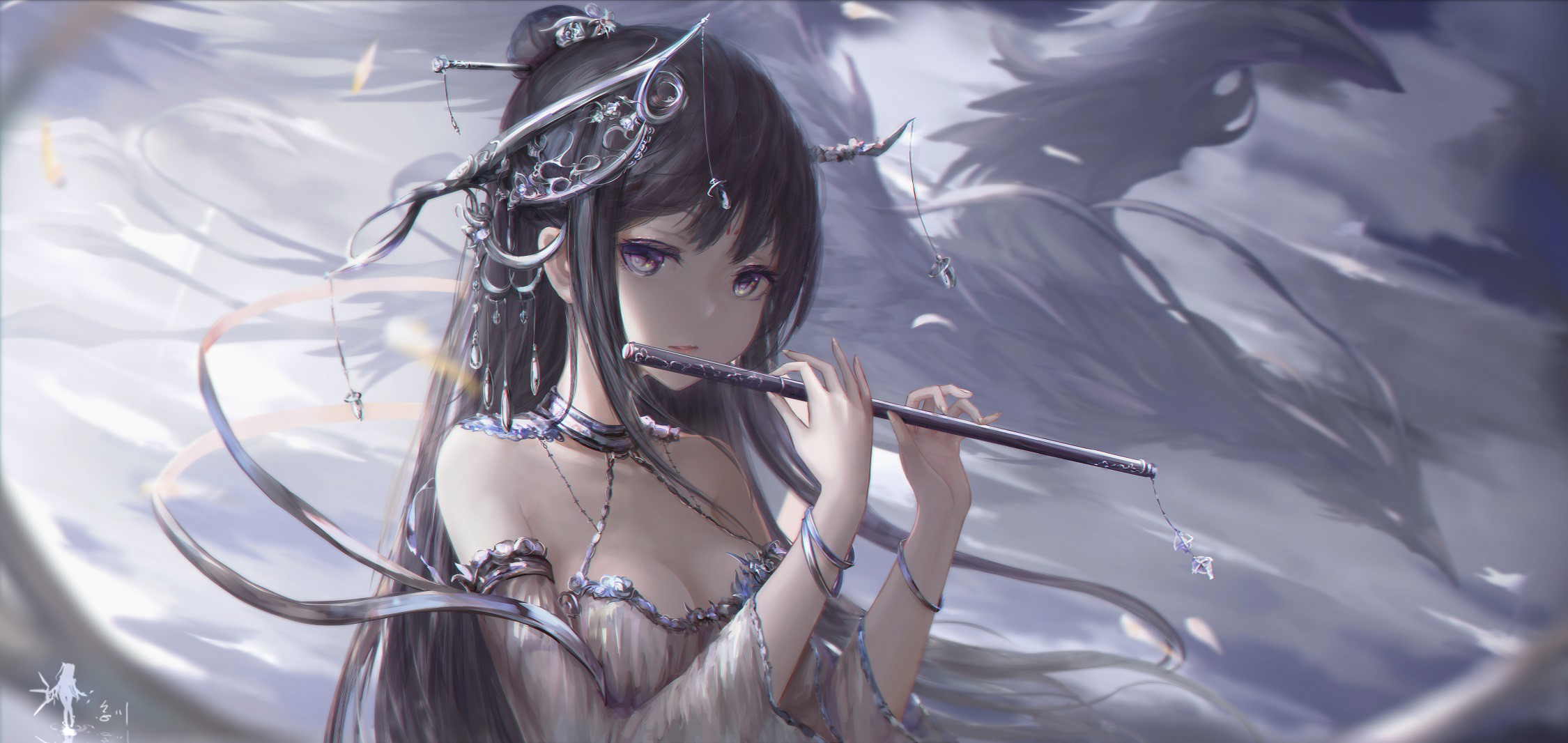 Anime girl playing a flute with wings HD Wallpaper